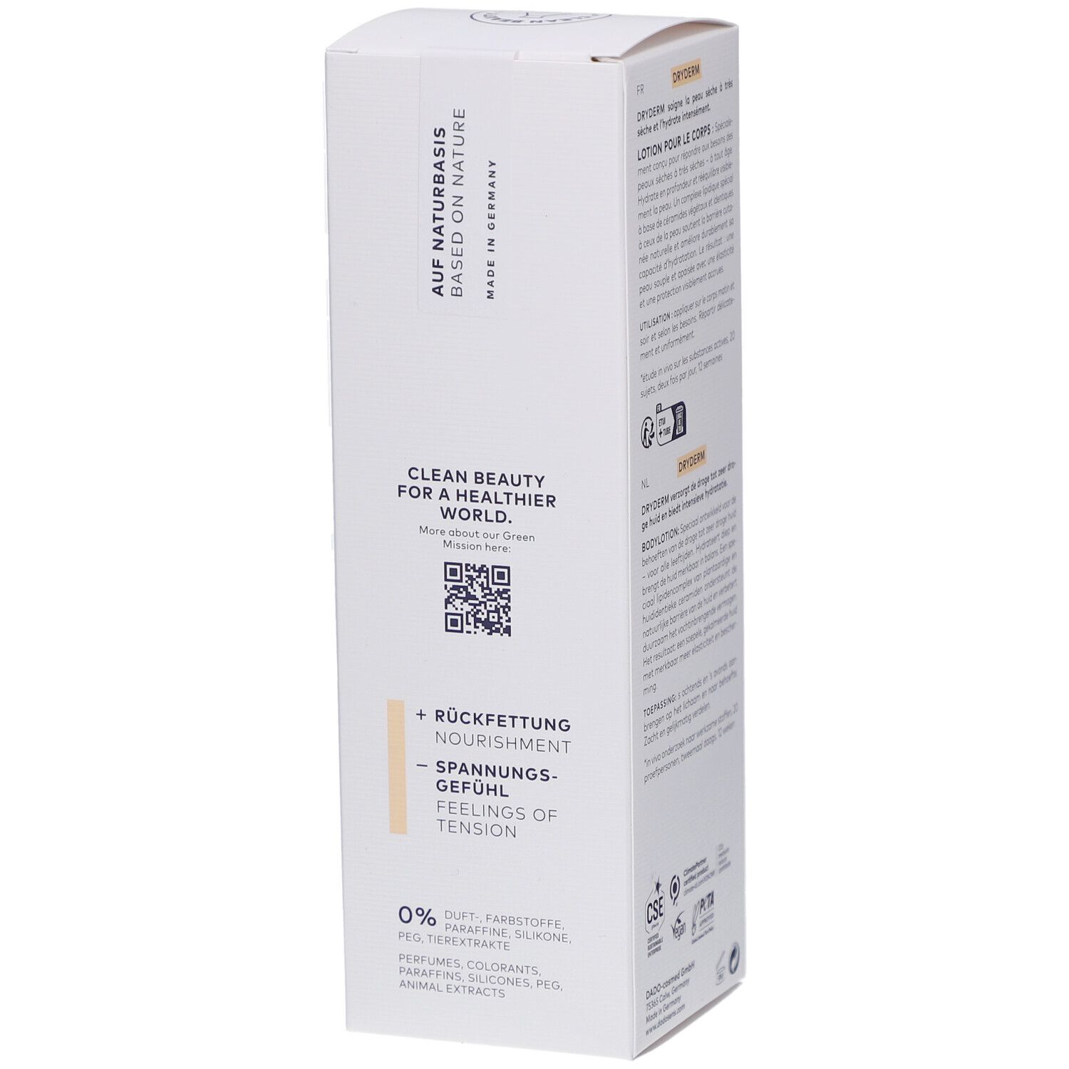 Côté de l'emballage de DADOSENS DRYDERM Bodylotion. Texte: Clean Beauty for a Healthier World. Code QR.