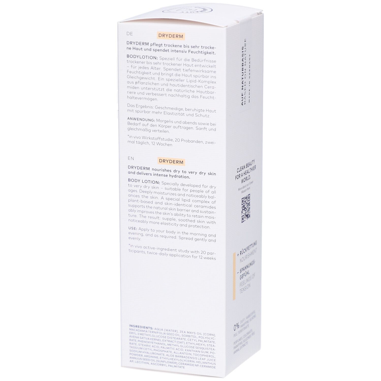 Côté de l'emballage de DADOSENS DRYDERM Bodylotion. Texte multilingue. Informations sur le produit.