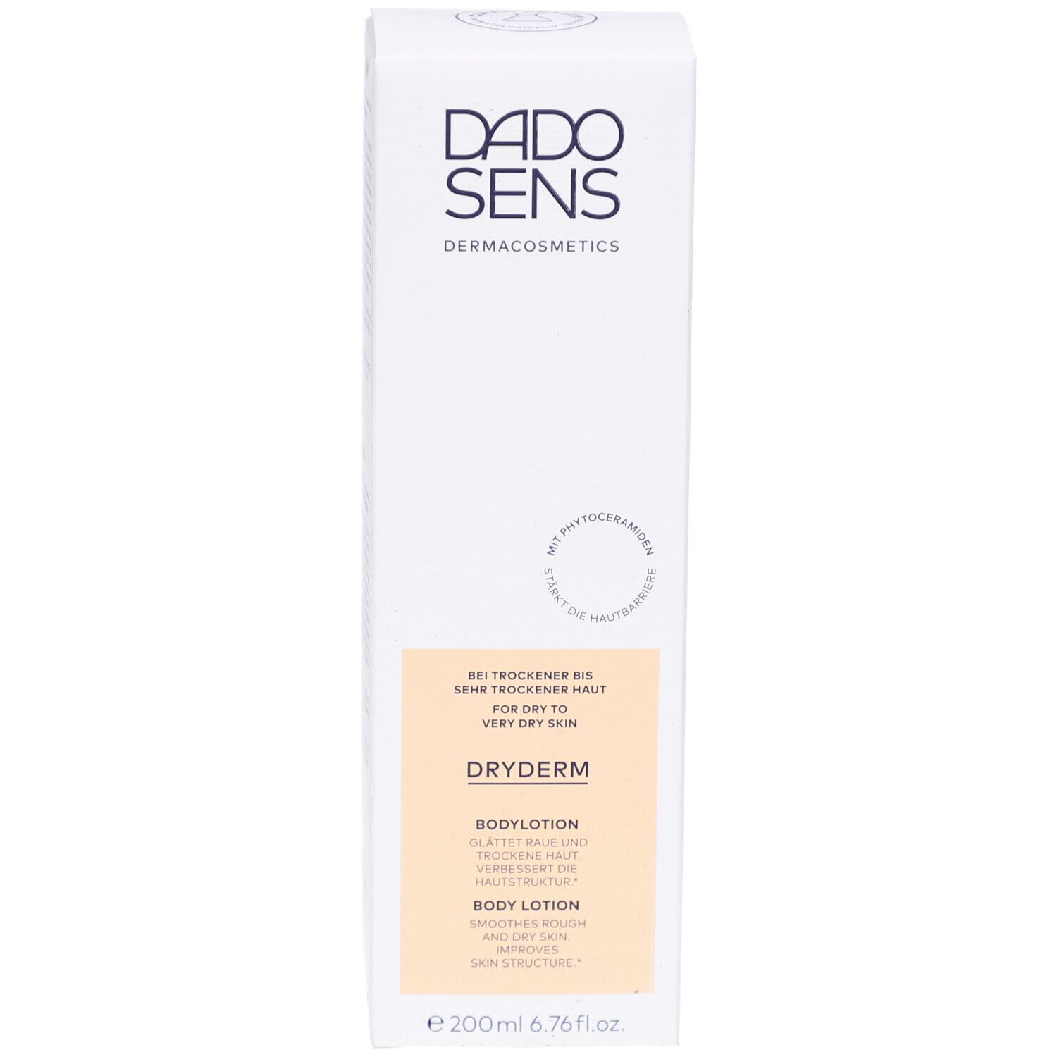 Face avant de l'emballage de DADOSENS DRYDERM Bodylotion. Boîte blanche avec informations et logo.