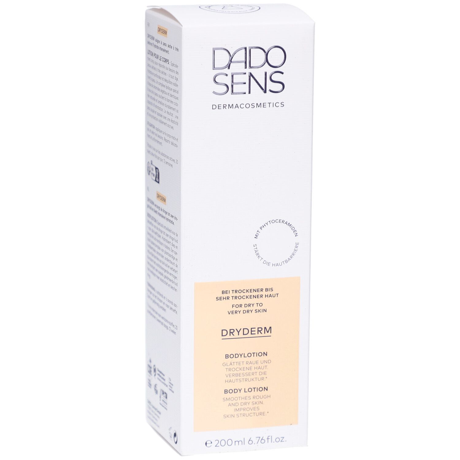 Emballage de DADOSENS DRYDERM Bodylotion. Boîte blanche avec informations et logo. Inscription: DRYDERM, Bodylotion.