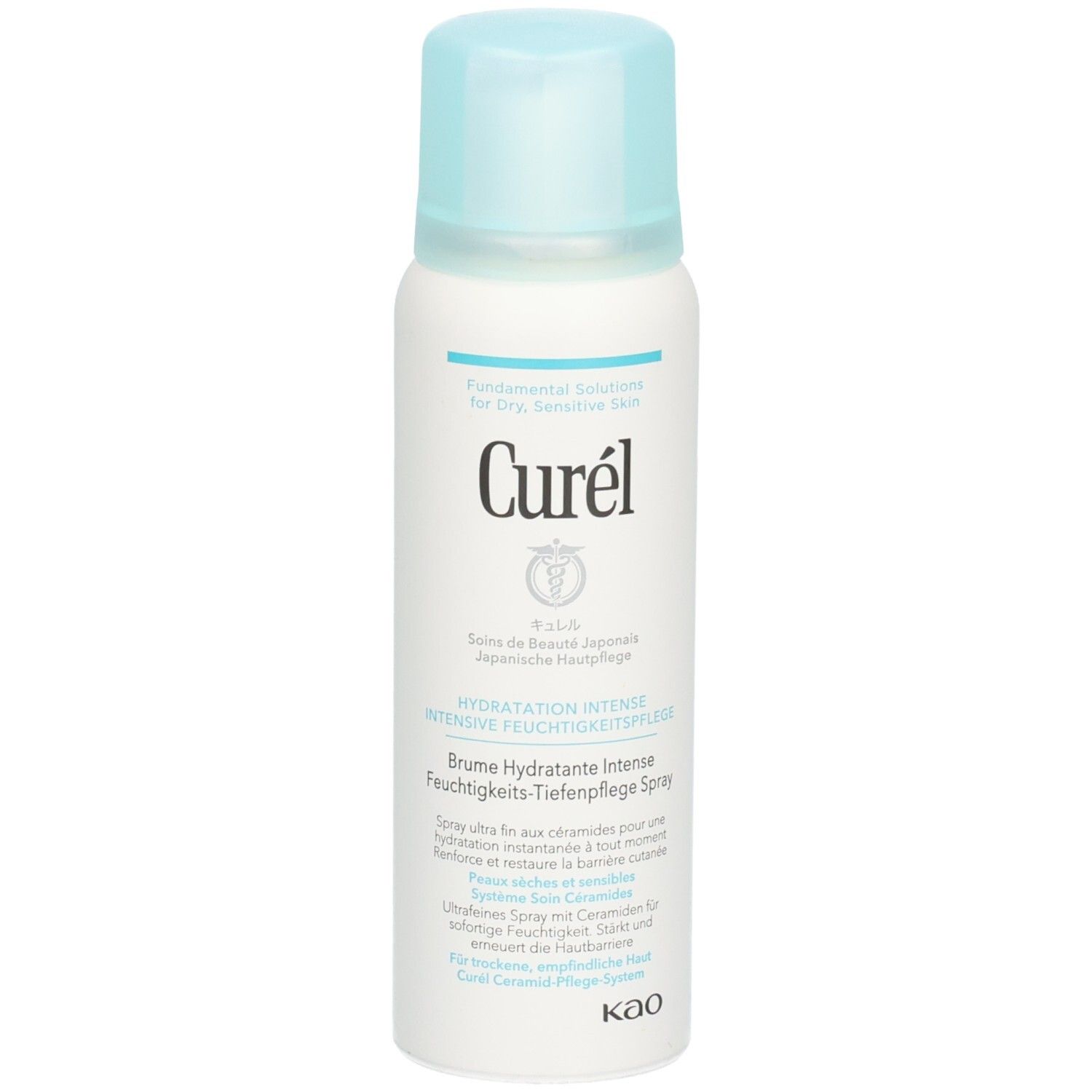 Spray blanc avec bouchon bleu clair. Inscription: Curel, Hydratation Intense, Feuchtigkeits-Tiefenpflege Spray. Soin de la peau japonais.