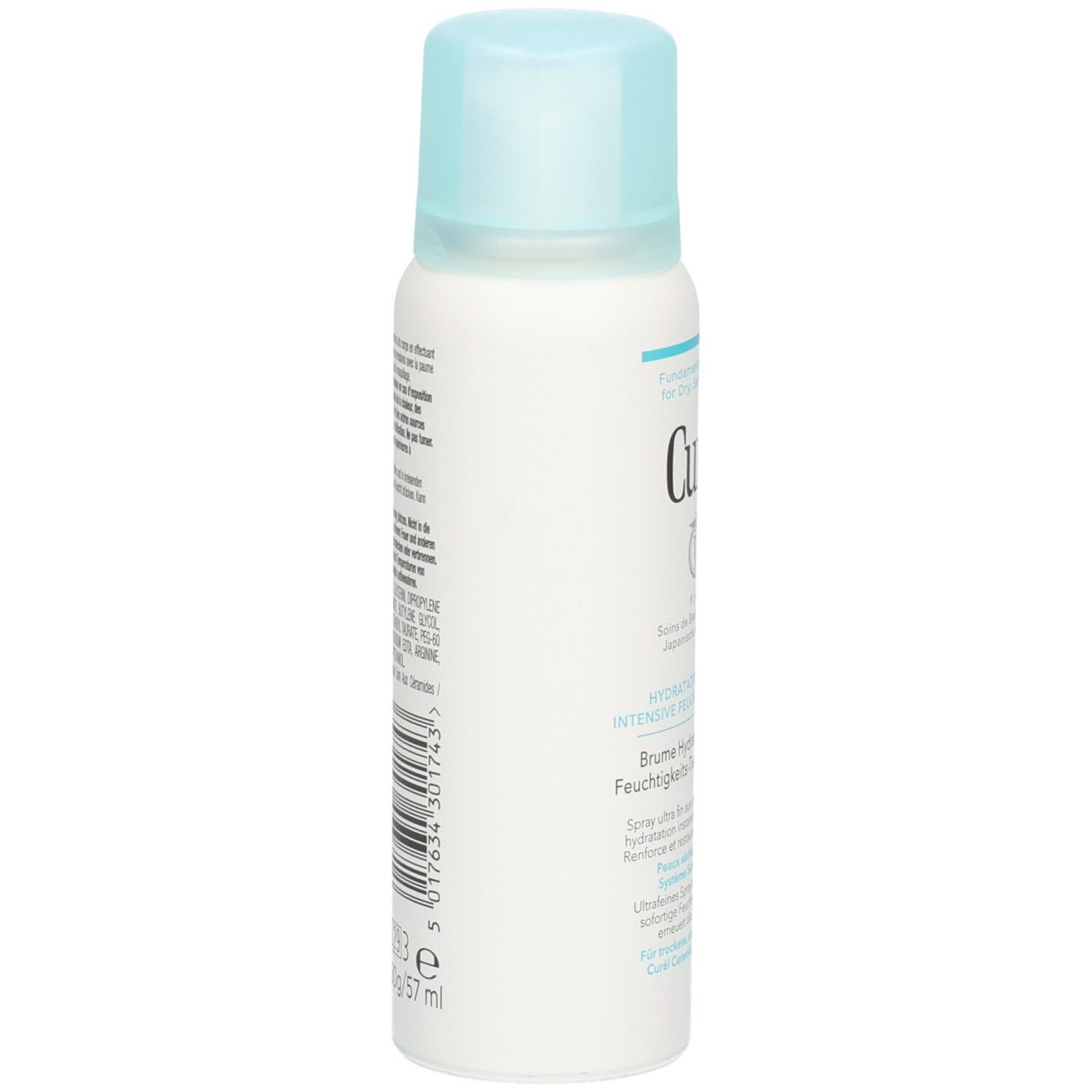 Spray blanc avec bouchon bleu clair. Vue latérale avec texte et code-barres. Volume: 57 ml.