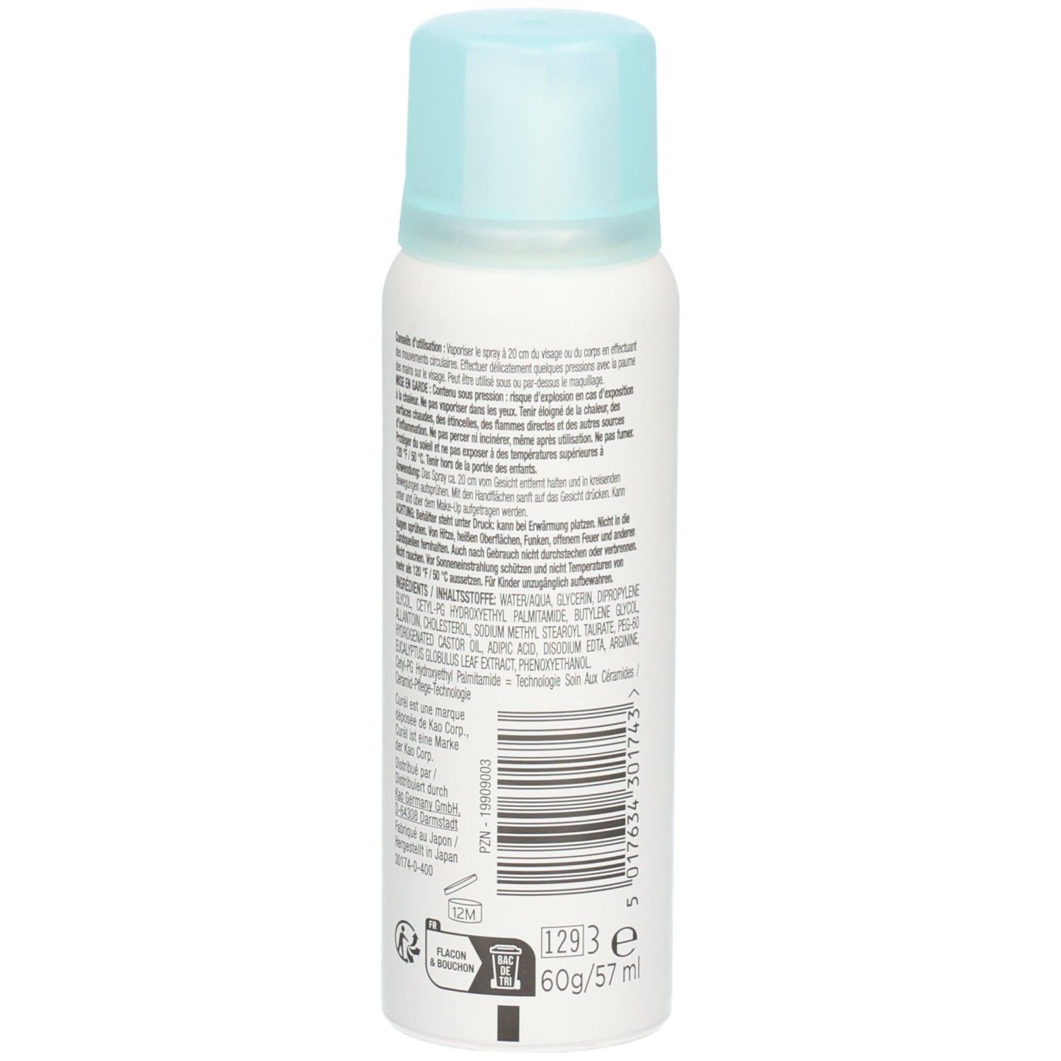 Spray blanc avec bouchon bleu clair. Dos avec texte. Volume: 60g/57 ml. Symbole de recyclage.