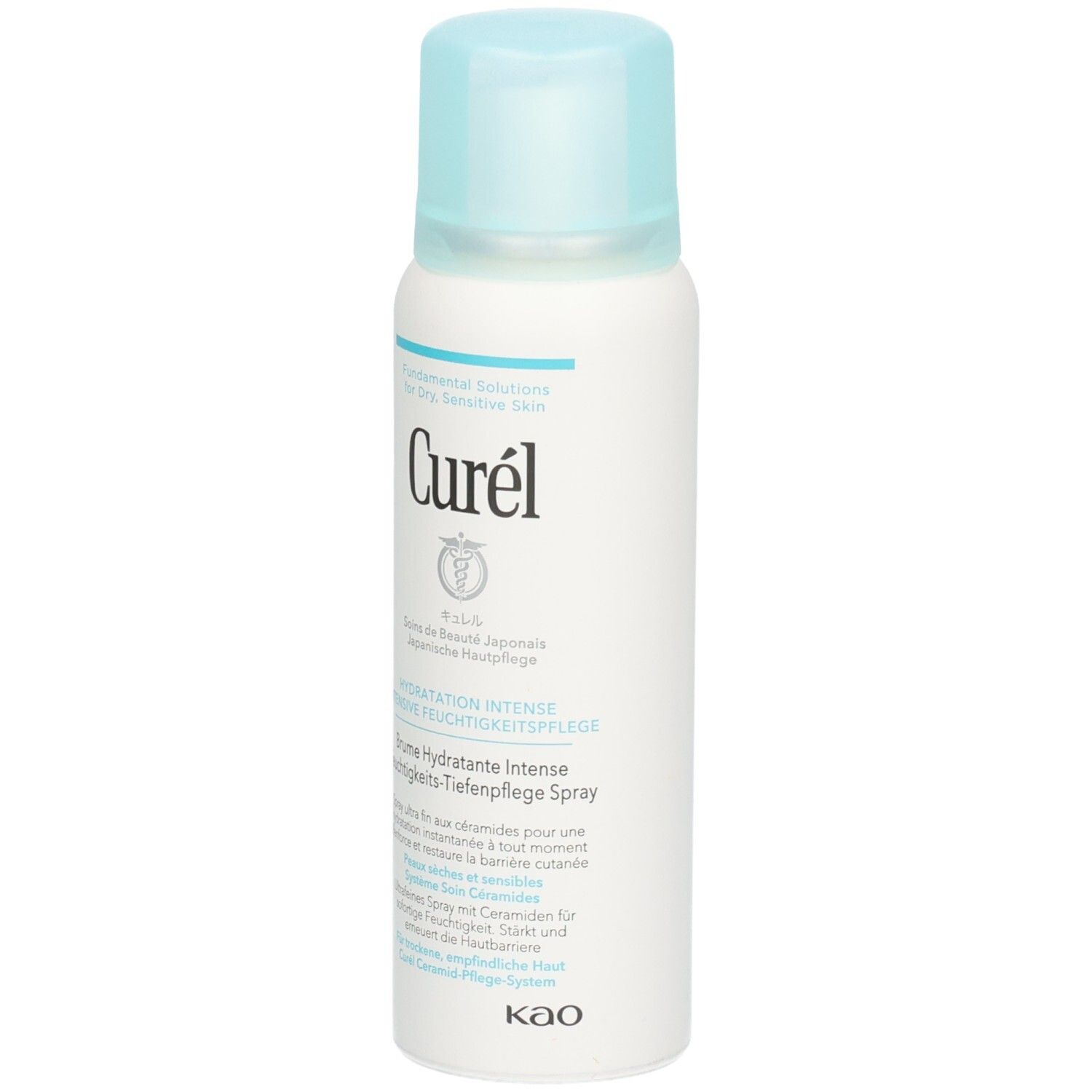 Spray blanc avec bouchon bleu clair. Inscription: Curel, Hydratation Intense, Feuchtigkeits-Tiefenpflege Spray. Soin de la peau japonais.