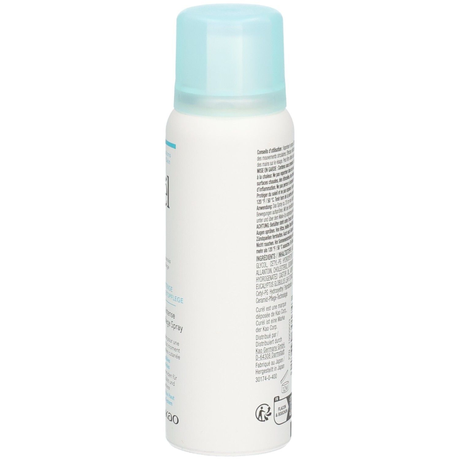 Spray blanc avec bouchon bleu clair. Vue latérale avec texte. Symbole de recyclage.