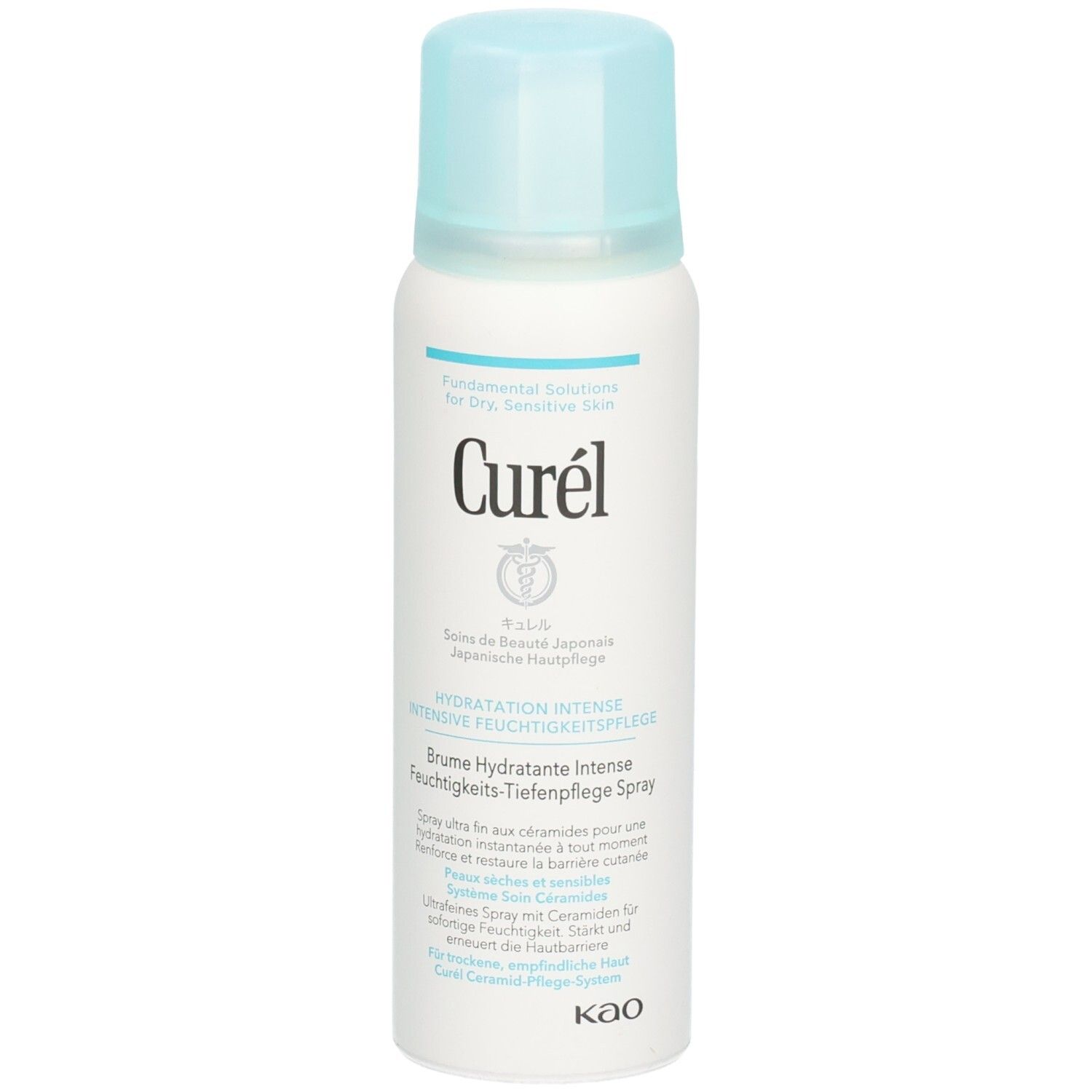 Spray blanc avec bouchon bleu clair. Inscription: Curel, Hydratation Intense, Feuchtigkeits-Tiefenpflege Spray. Soin de la peau japonais.