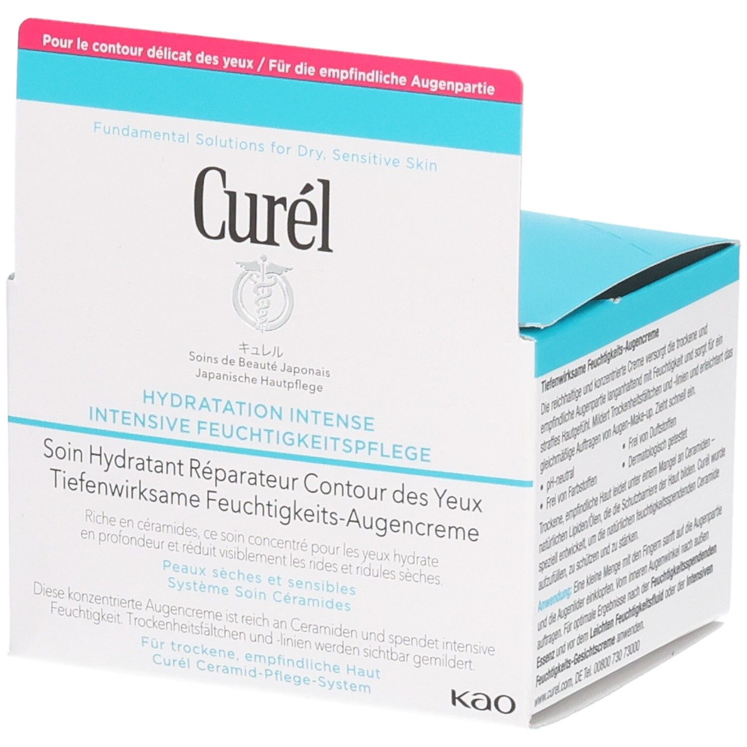 Emballage de la crème pour les yeux Curél. Boîte blanche avec dessus bleu. Texte : Hydratation Intense, Soin Hydratant Réparateur Contour des Yeux. Marque Curél.
