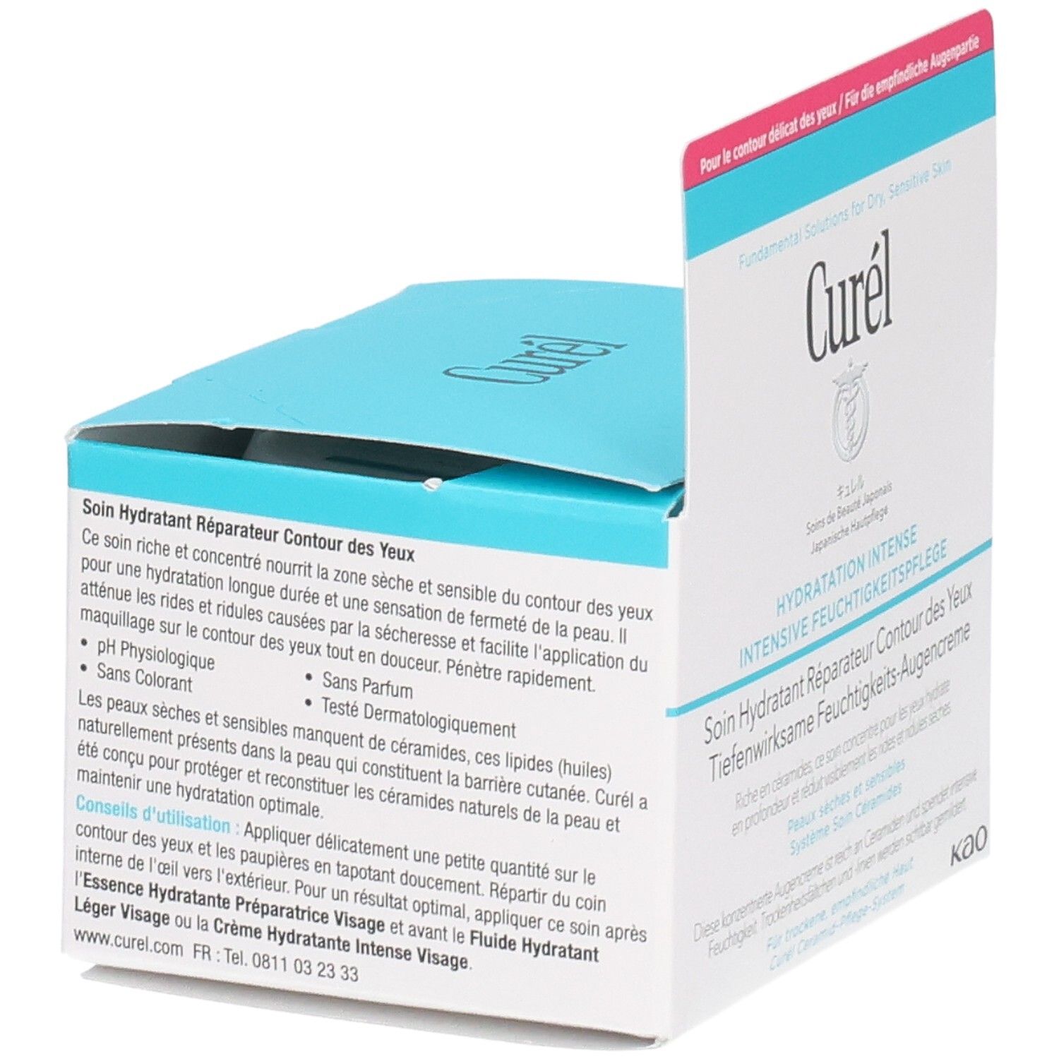 Emballage de la crème pour les yeux Curél, partiellement ouvert. Boîte blanche avec intérieur bleu. Texte : Soin Hydratant Réparateur Contour des Yeux. pH neutre.
