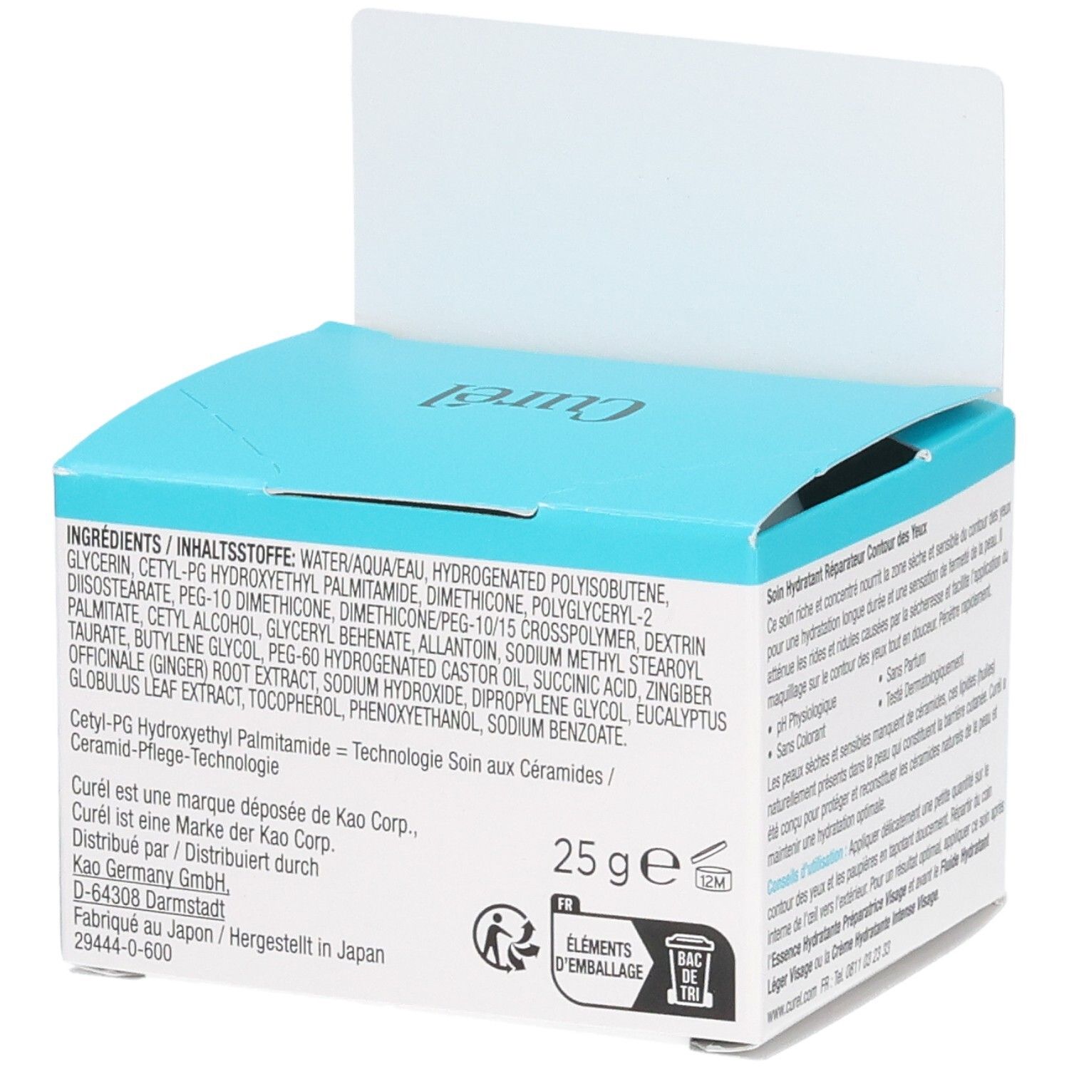 Dos de l'emballage de la crème pour les yeux Curél. Texte : Ingrédients, 25 g. Logo d'emballage respectueux de l'environnement. Fabriqué au Japon.