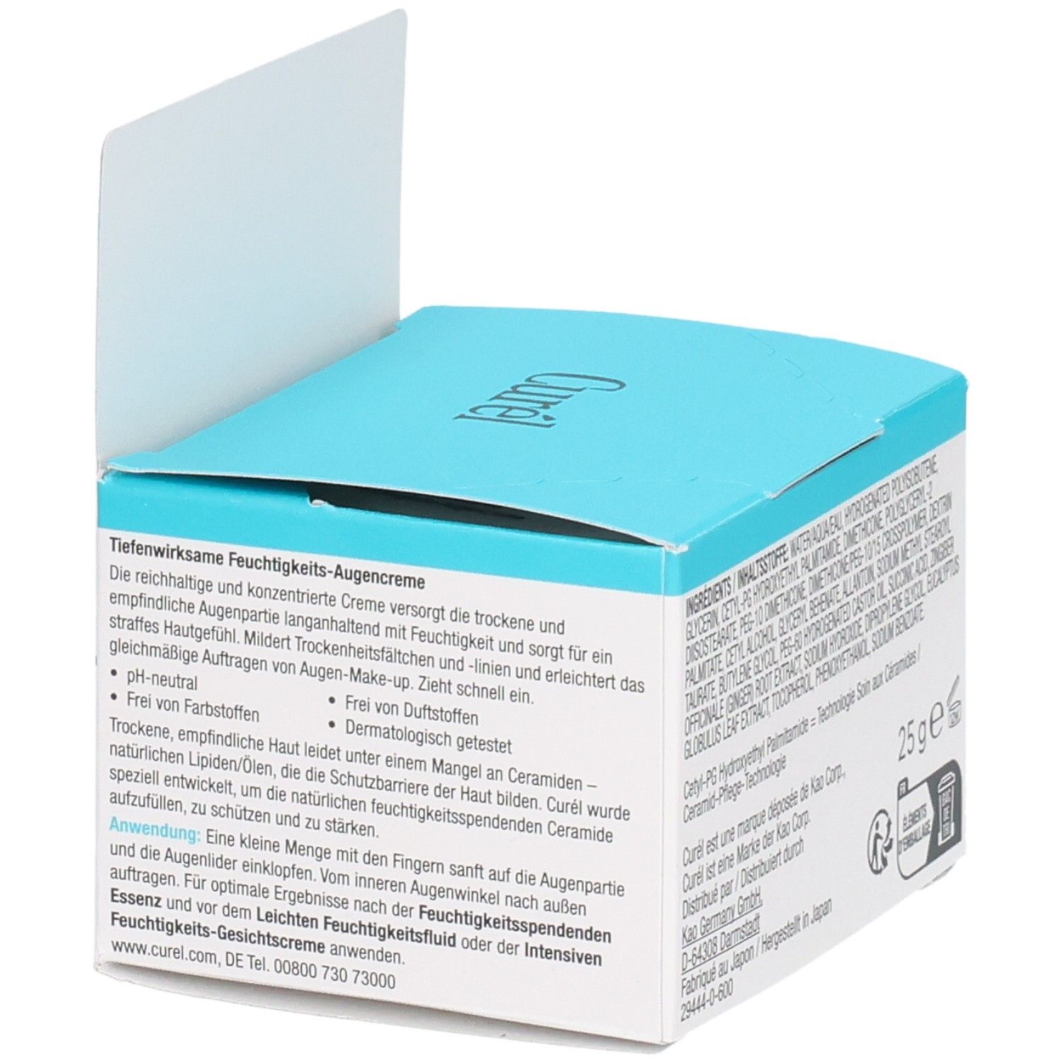 Emballage de la crème pour les yeux Curél, dos. Texte : Tiefenwirksame Feuchtigkeits-Augencreme, 25 g. pH neutre. Sans parfum.
