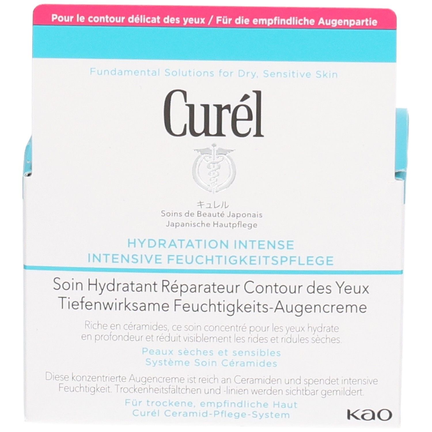 Face avant de l'emballage de la crème pour les yeux Curél. Boîte blanche avec dessus bleu. Texte : Hydratation Intense, Soin Hydratant. Marque Curél.