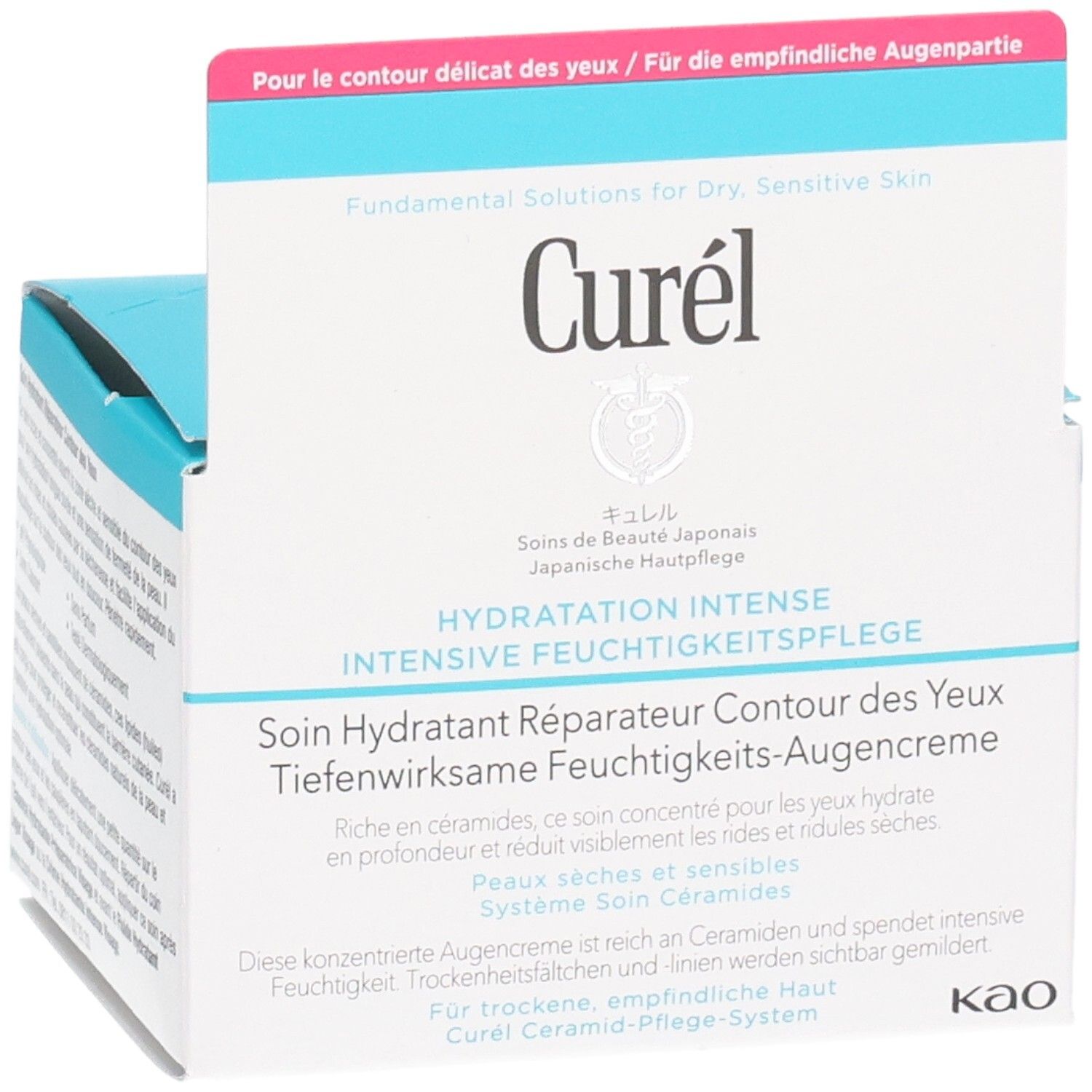 Emballage de la crème pour les yeux Curél, en biais. Boîte blanche avec dessus bleu. Texte : Hydratation Intense, Soin Hydratant. Marque Curél.