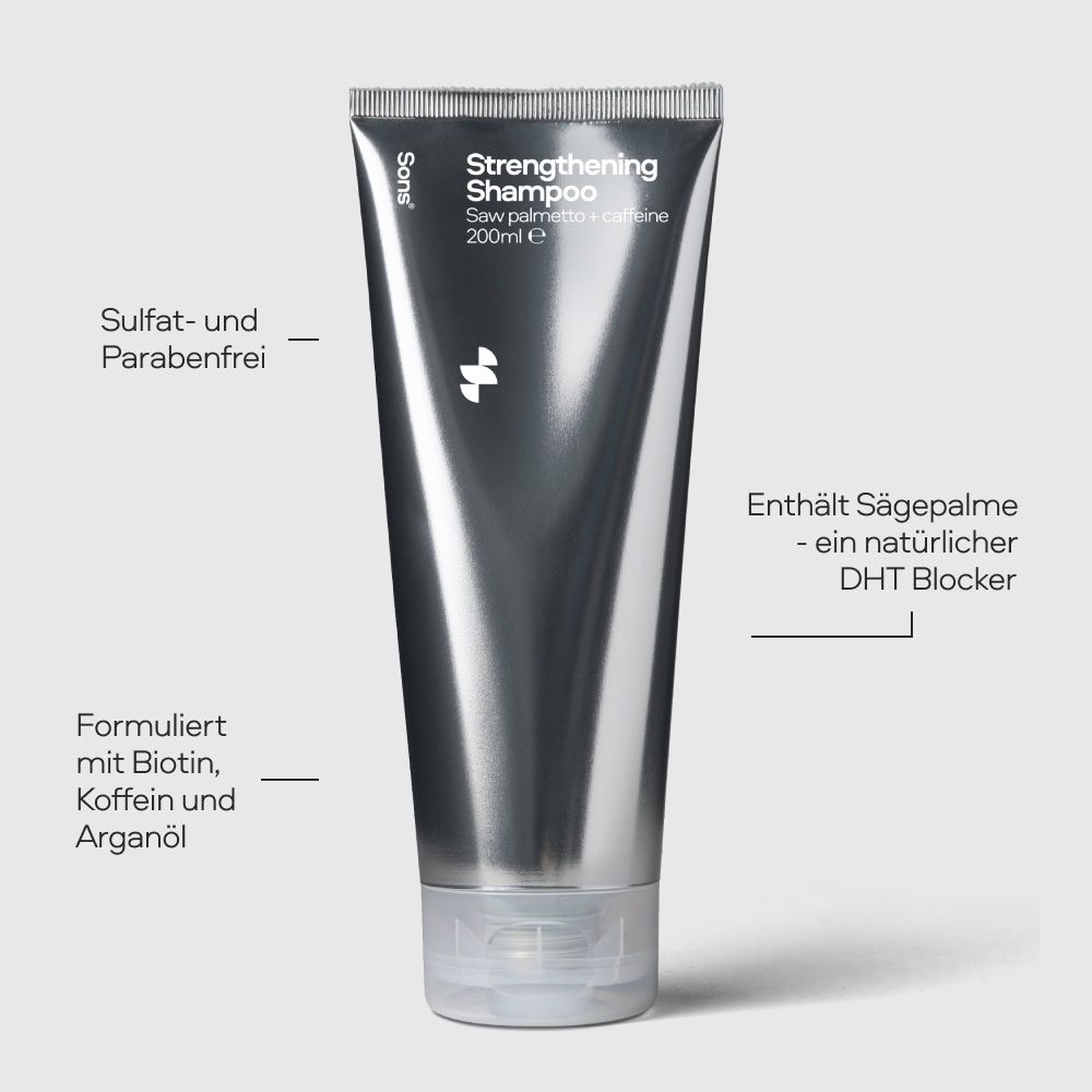 Tube de shampooing fortifiant Sons : sans sulfate ni parabène, contient du palmier nain.
