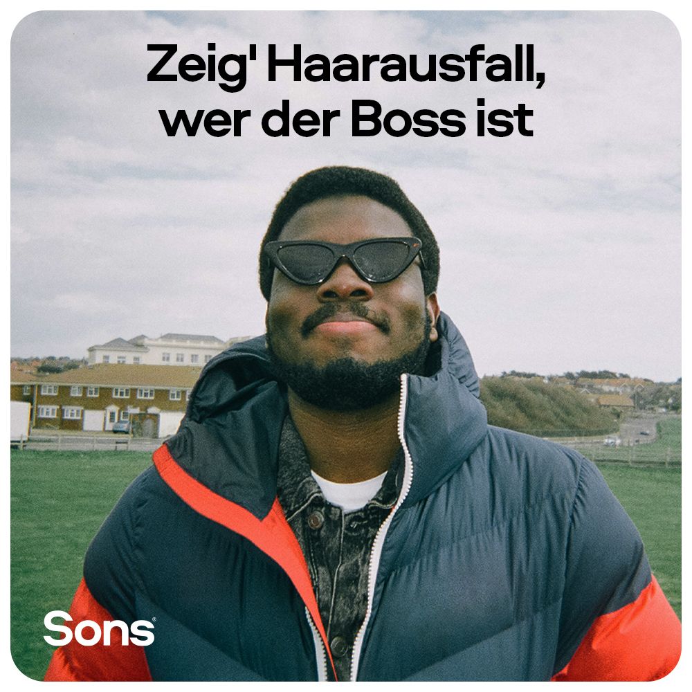 Homme avec lunettes de soleil et logo Sons, texte : Montre la perte de cheveux qui est le patron.