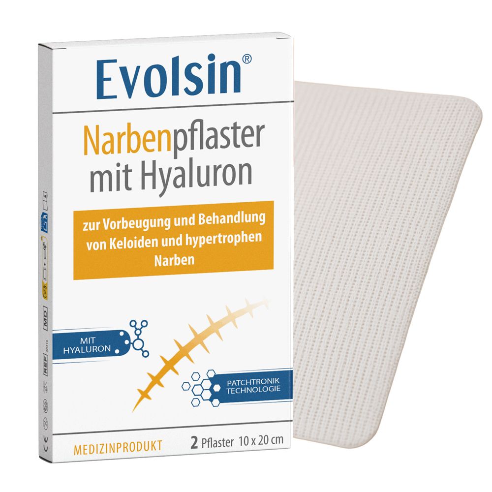 Boîte de pansements cicatrisants Evolsin avec Hyaluron. Contient 2 pansements, 10x20 cm. Produit médical.