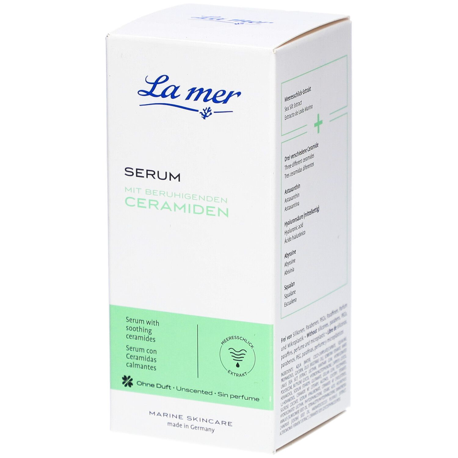 Boîte blanche avec logo "La mer" et nom du produit "Sérum aux céramides apaisantes". Zone verte avec texte.
