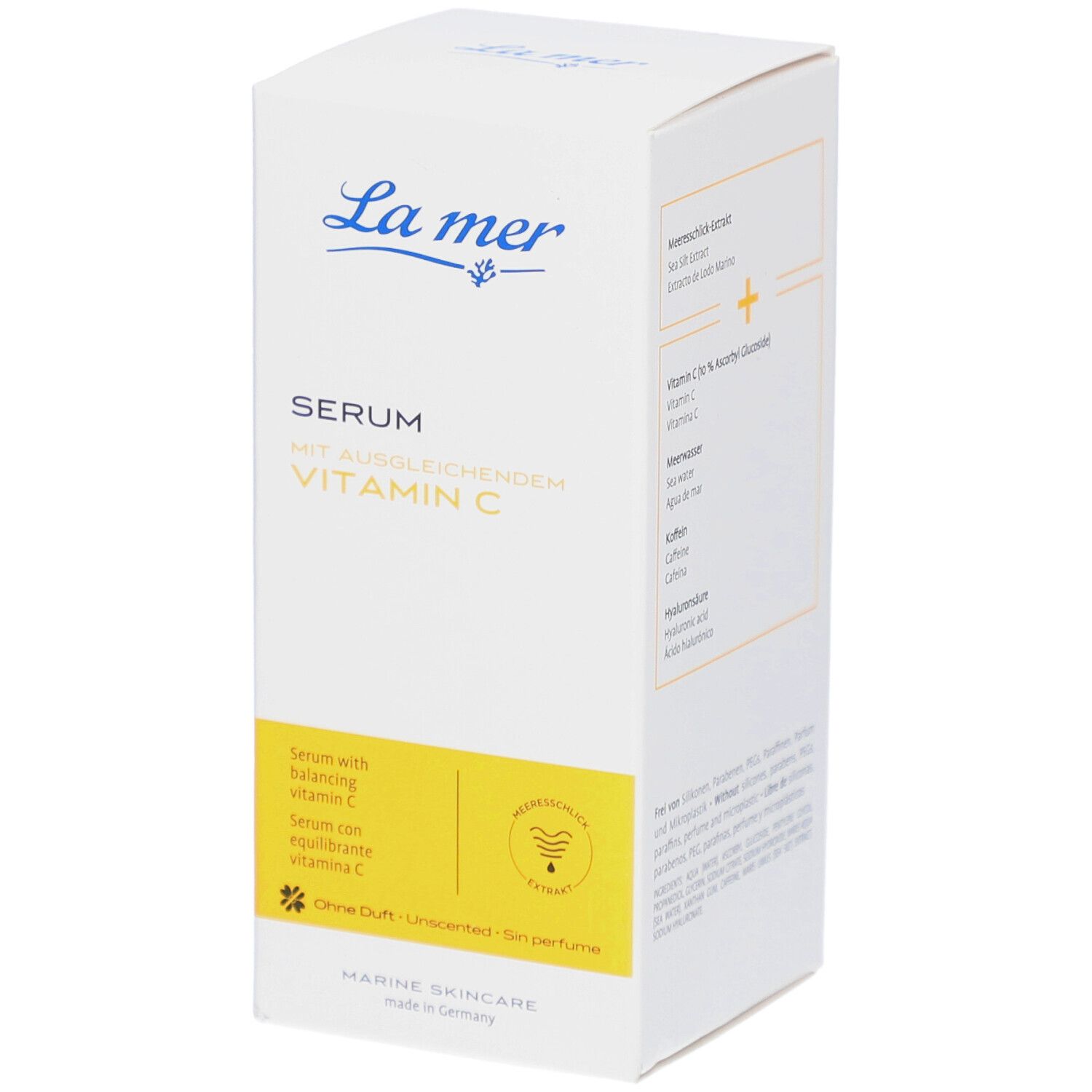 Emballage blanc avec logo La mer et nom du produit : Sérum à la vitamine C équilibrante. Accent jaune.