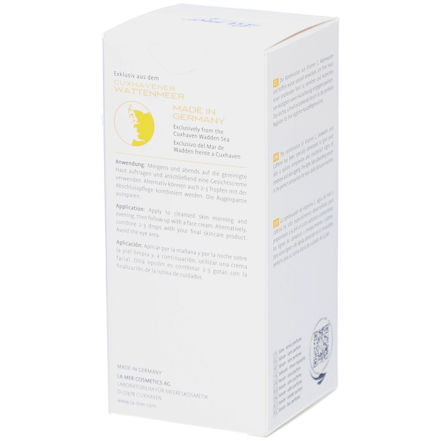 Emballage avec logo La mer et informations sur le produit. Texte en allemand, anglais, espagnol. Fabriqué en Allemagne.