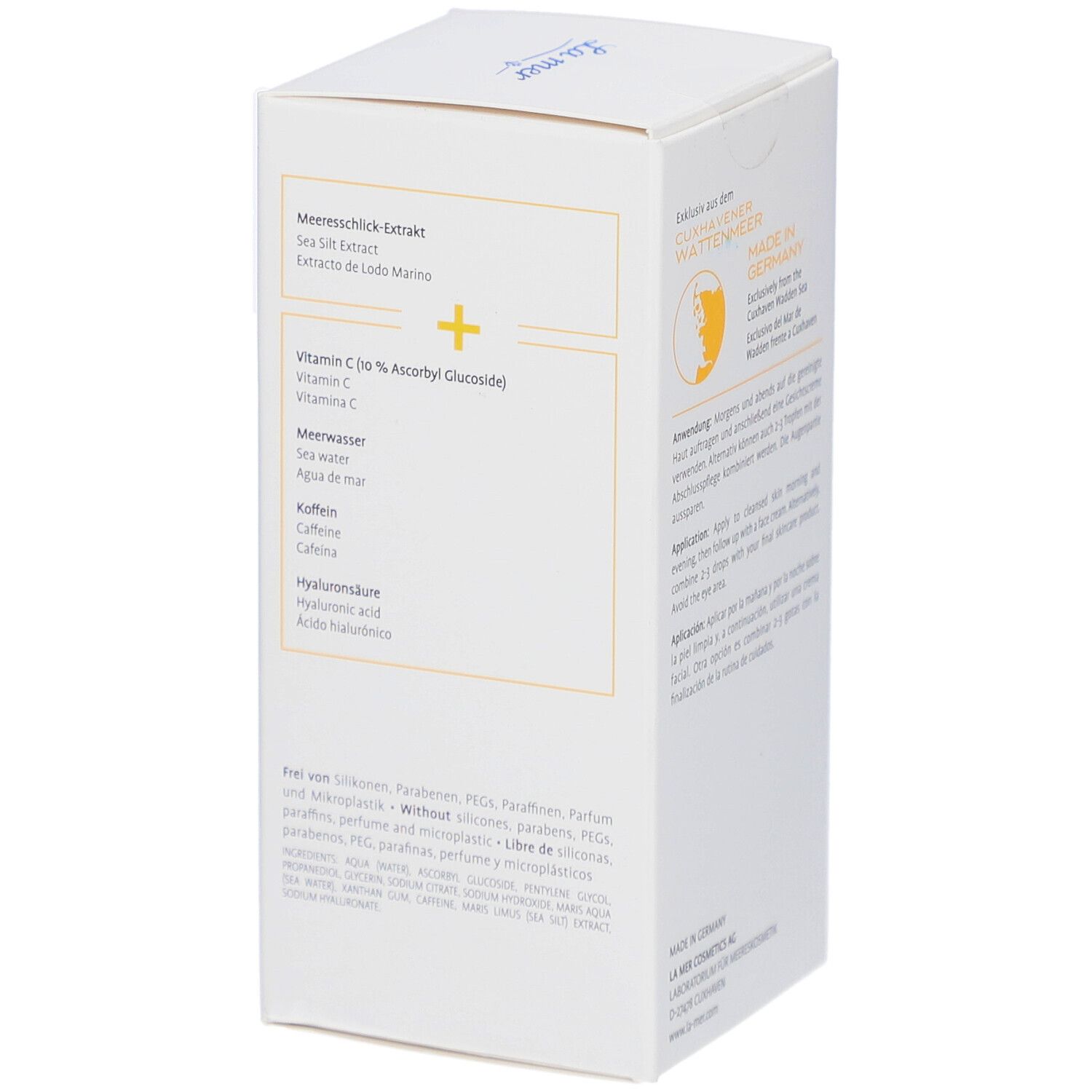 Emballage avec logo La mer et liste des ingrédients : Extrait de limon marin, vitamine C, eau de mer, caféine, acide hyaluronique.