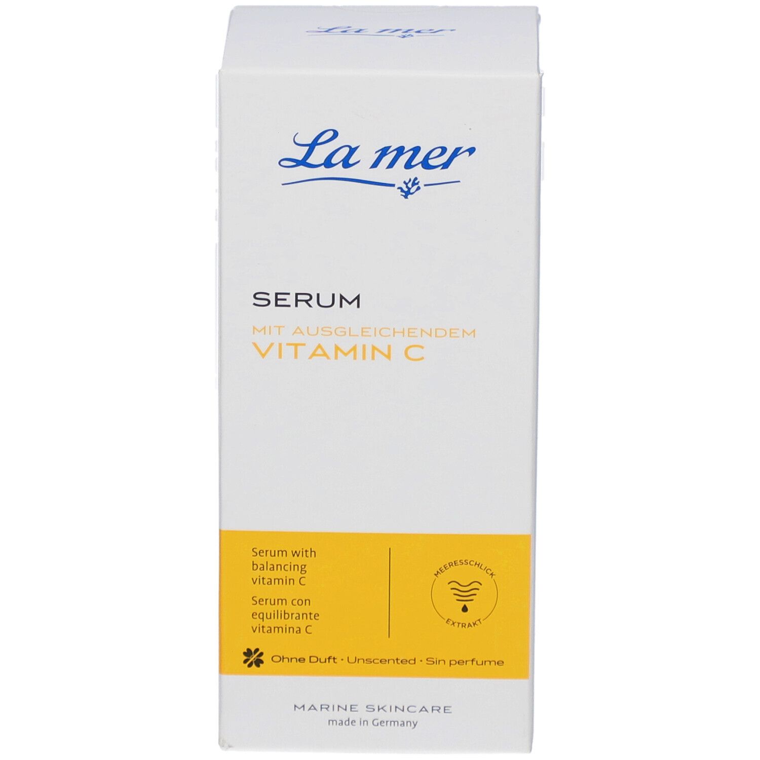 Emballage blanc avec logo La mer et nom du produit : Sérum à la vitamine C équilibrante. Accent jaune.