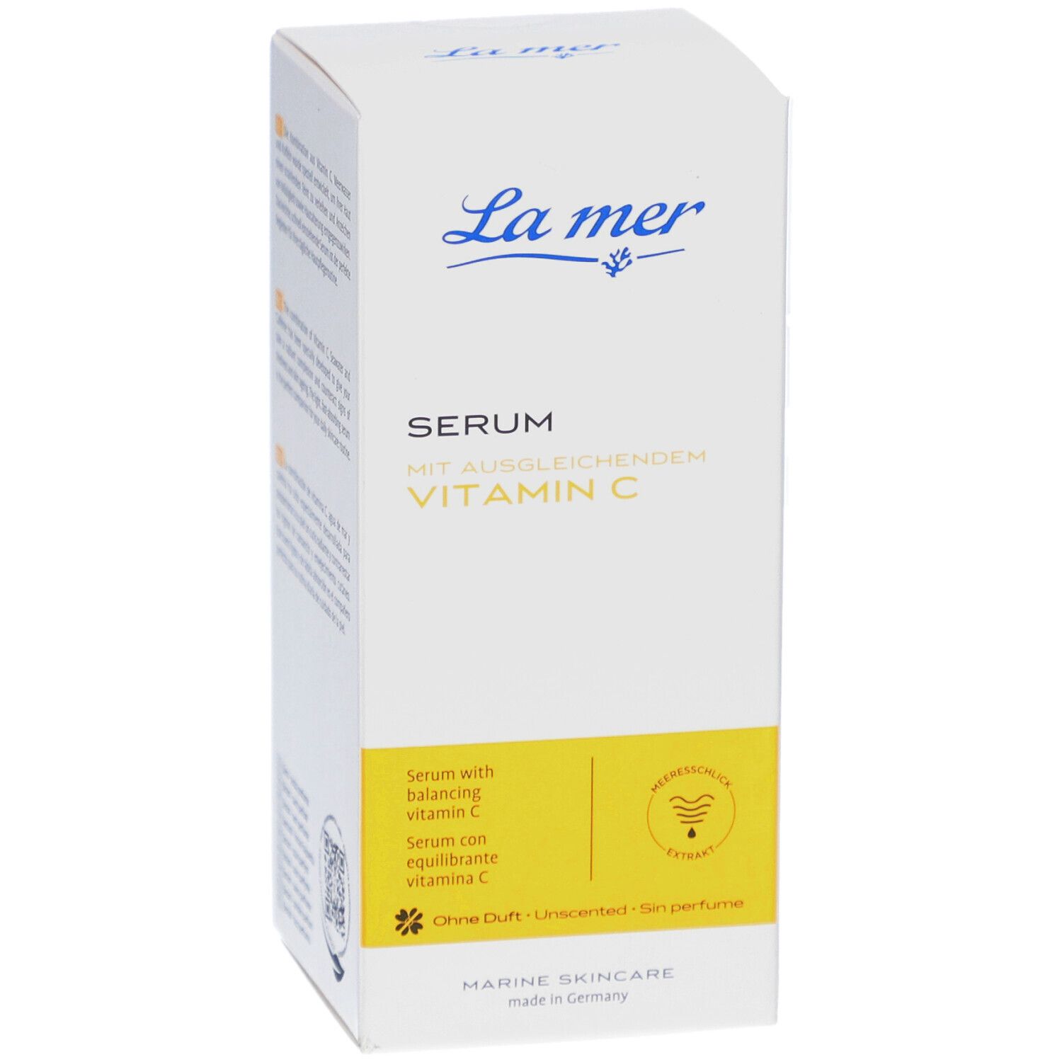 Emballage blanc avec logo La mer et nom du produit : Sérum à la vitamine C équilibrante. Accent jaune.
