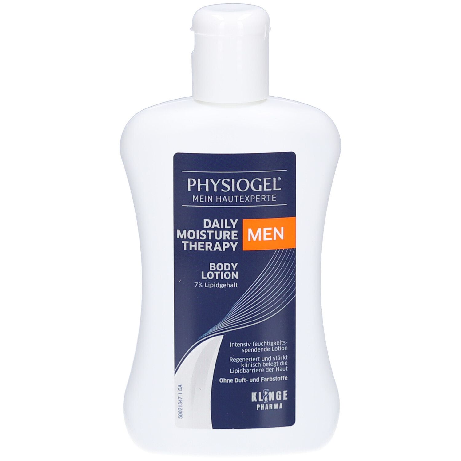 Flacon blanc PHYSIOGEL® Daily Moisture Therapy MEN Body Lotion. Étiquette bleue avec informations. Bouchon en haut.