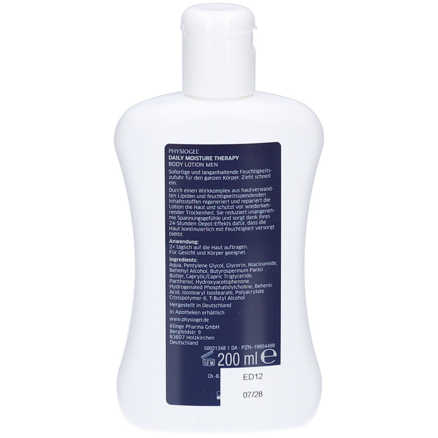 Dos du flacon blanc PHYSIOGEL® Daily Moisture Therapy MEN Body Lotion. Informations textuelles et ingrédients.