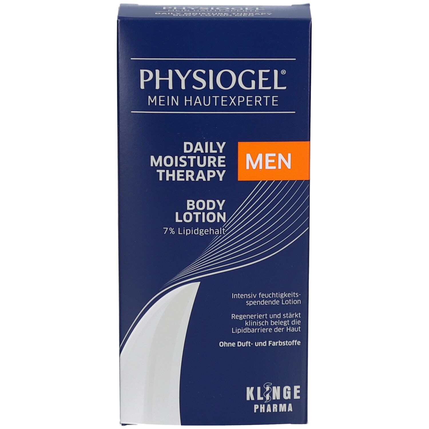 Emballage bleu PHYSIOGEL® Daily Moisture Therapy MEN Body Lotion. Nom du produit et informations sur le devant.