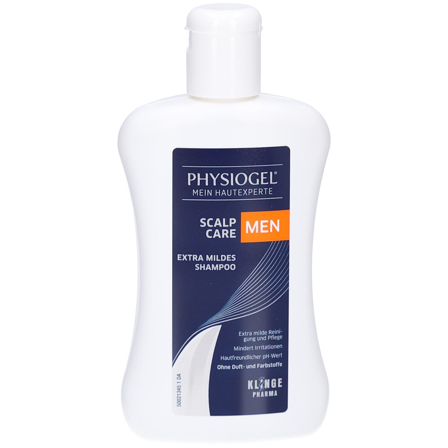 Flacon blanc de shampooing Physiogel Scalp Care Men Extra Doux. Étiquette bleu foncé avec un accent orange "MEN".