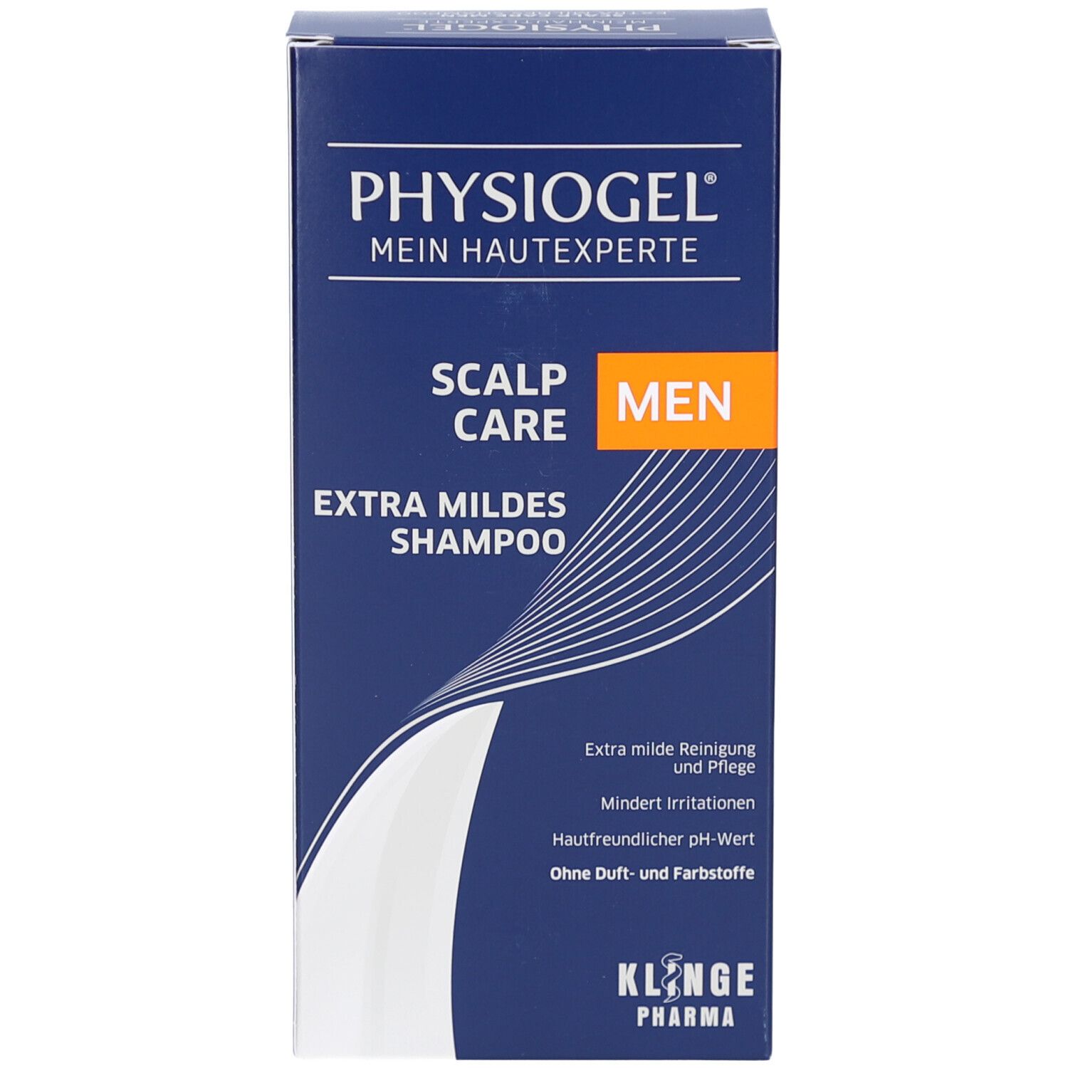 Boîte de shampooing Physiogel Scalp Care Men Extra Doux. Logo KLONGE PHARMA.