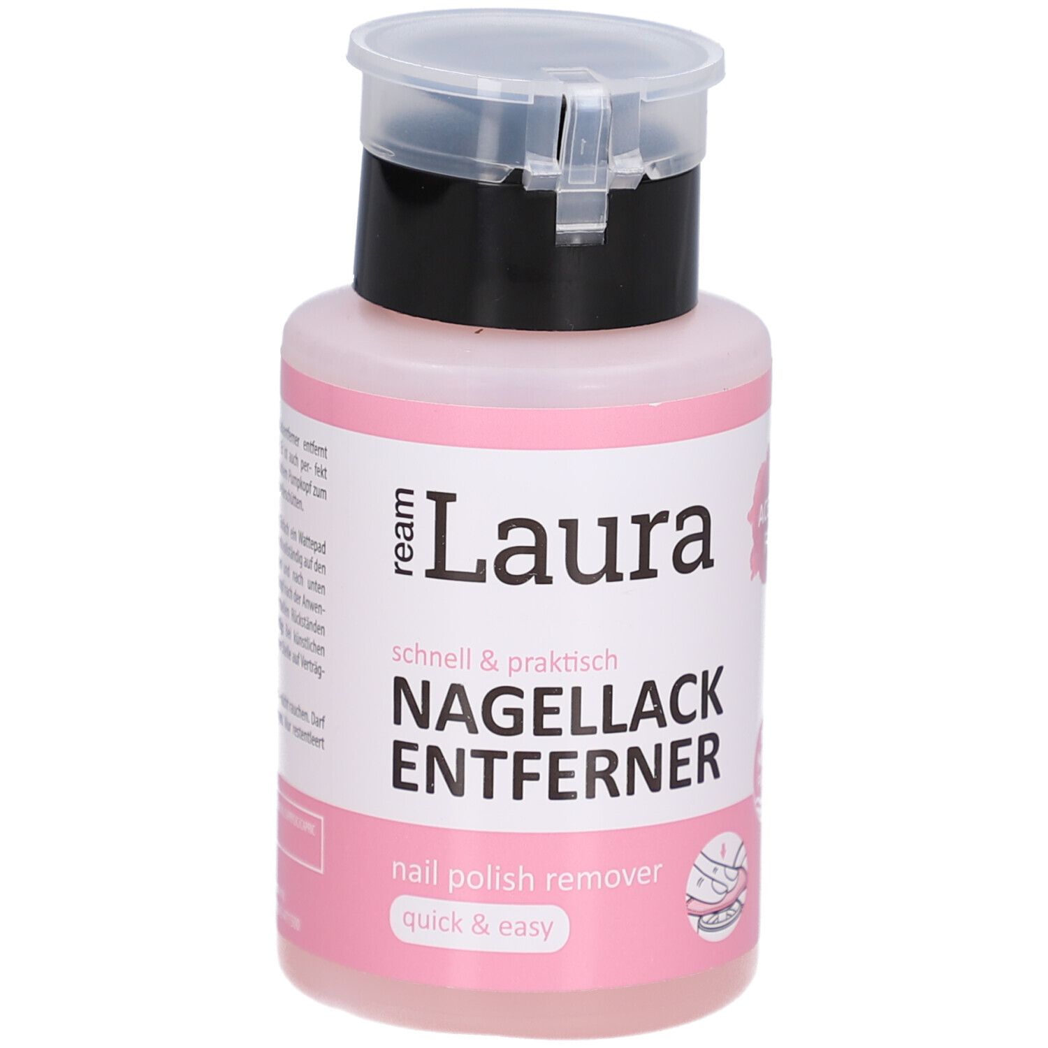 Flacon rose avec bouchon noir. Inscription : ream Laura dissolvant pour vernis à ongles. Rapide et pratique. Dissolvant pour vernis à ongles.