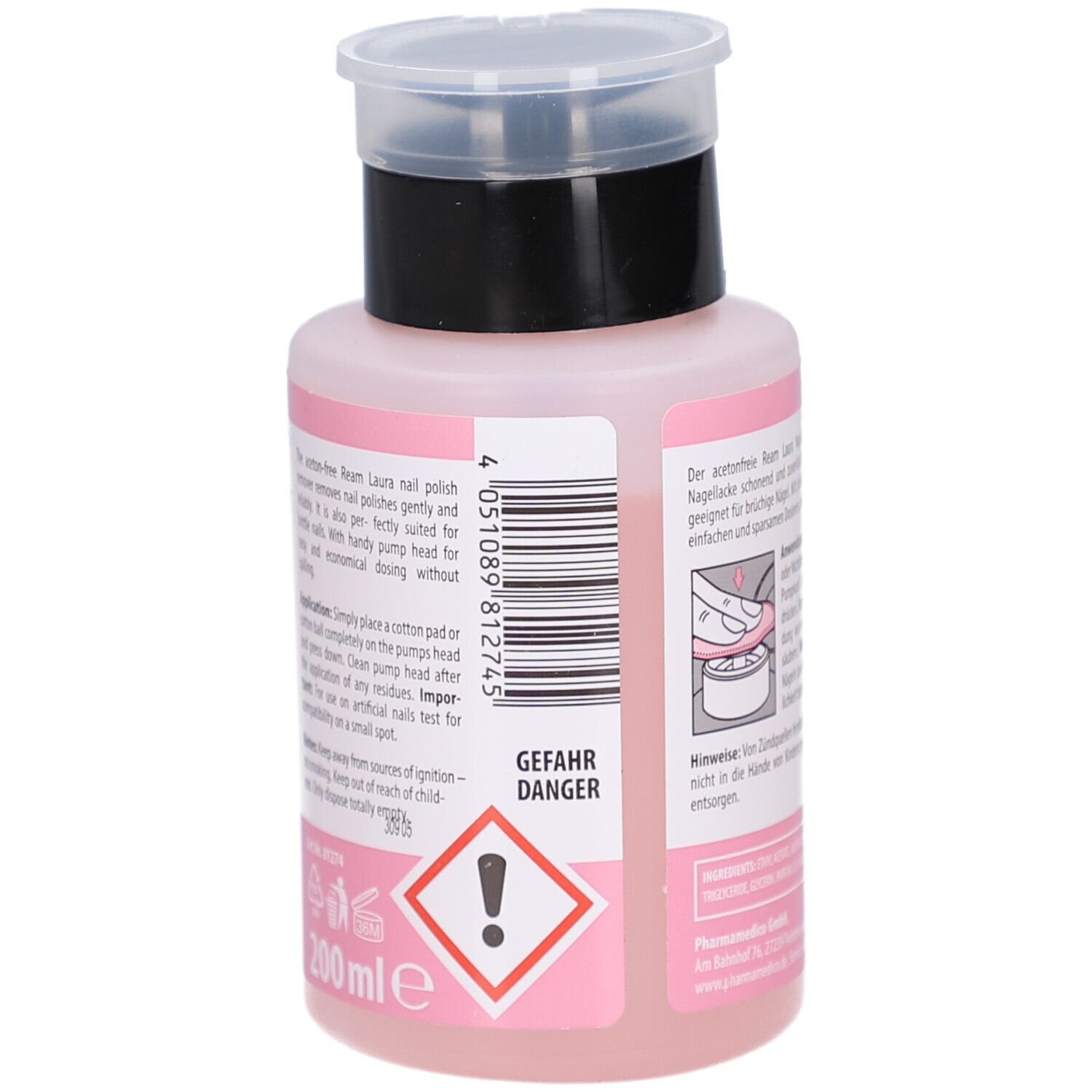 Flacon rose avec bouchon noir. Avertissement. Texte en allemand. Volume : 200 ml. Nom du produit : ream Laura dissolvant.