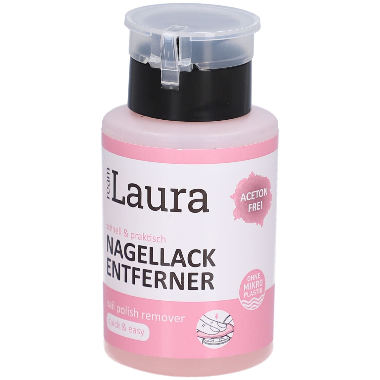 Flacon rose avec bouchon noir. Inscription : ream Laura dissolvant. Sans acétone. Sans microplastique. Dissolvant pour vernis à ongles.