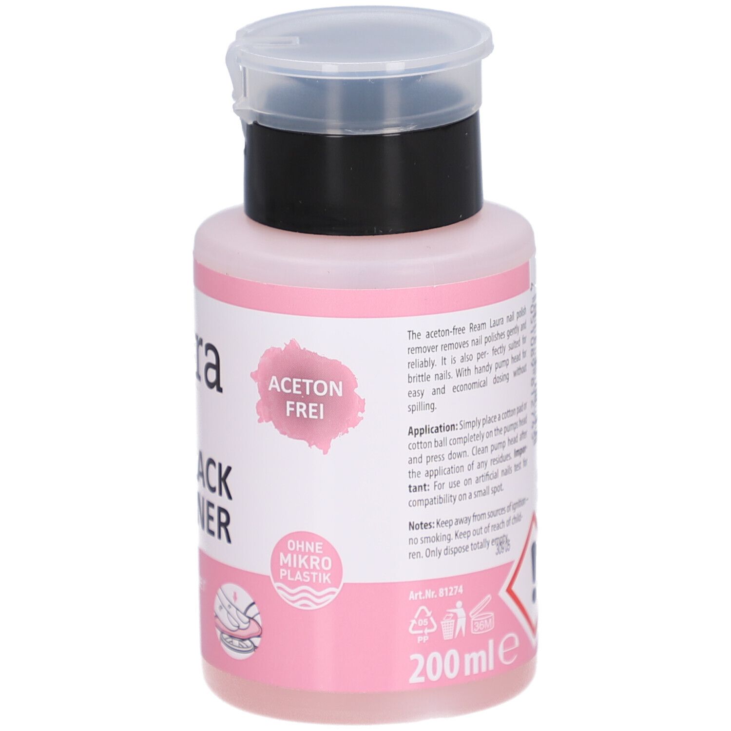 Flacon rose avec bouchon noir. Texte en anglais. Sans acétone. Sans microplastique. Volume : 200 ml. Avertissement.