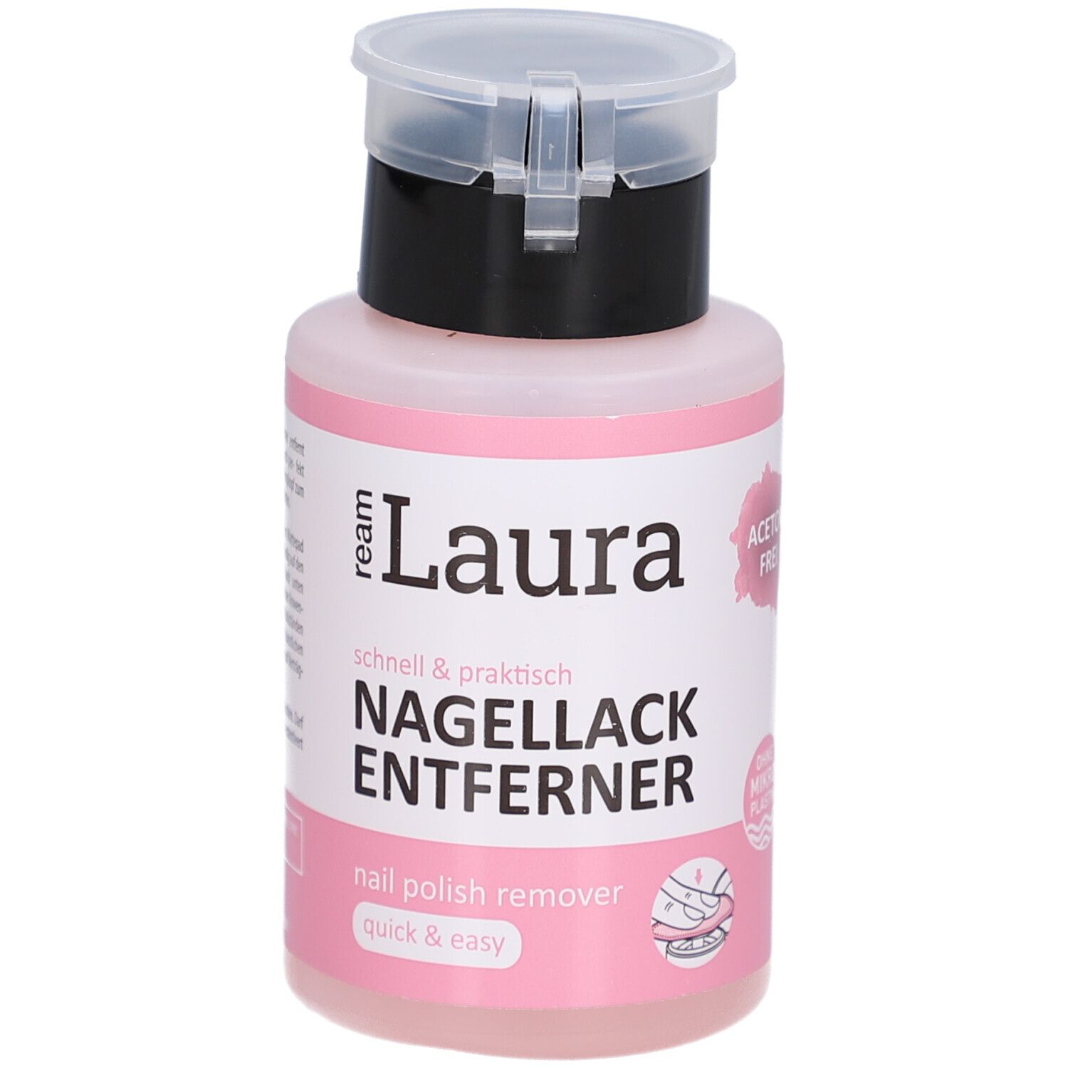 Flacon rose avec bouchon noir. Inscription : ream Laura dissolvant. Sans acétone. Sans microplastique. Dissolvant pour vernis à ongles.