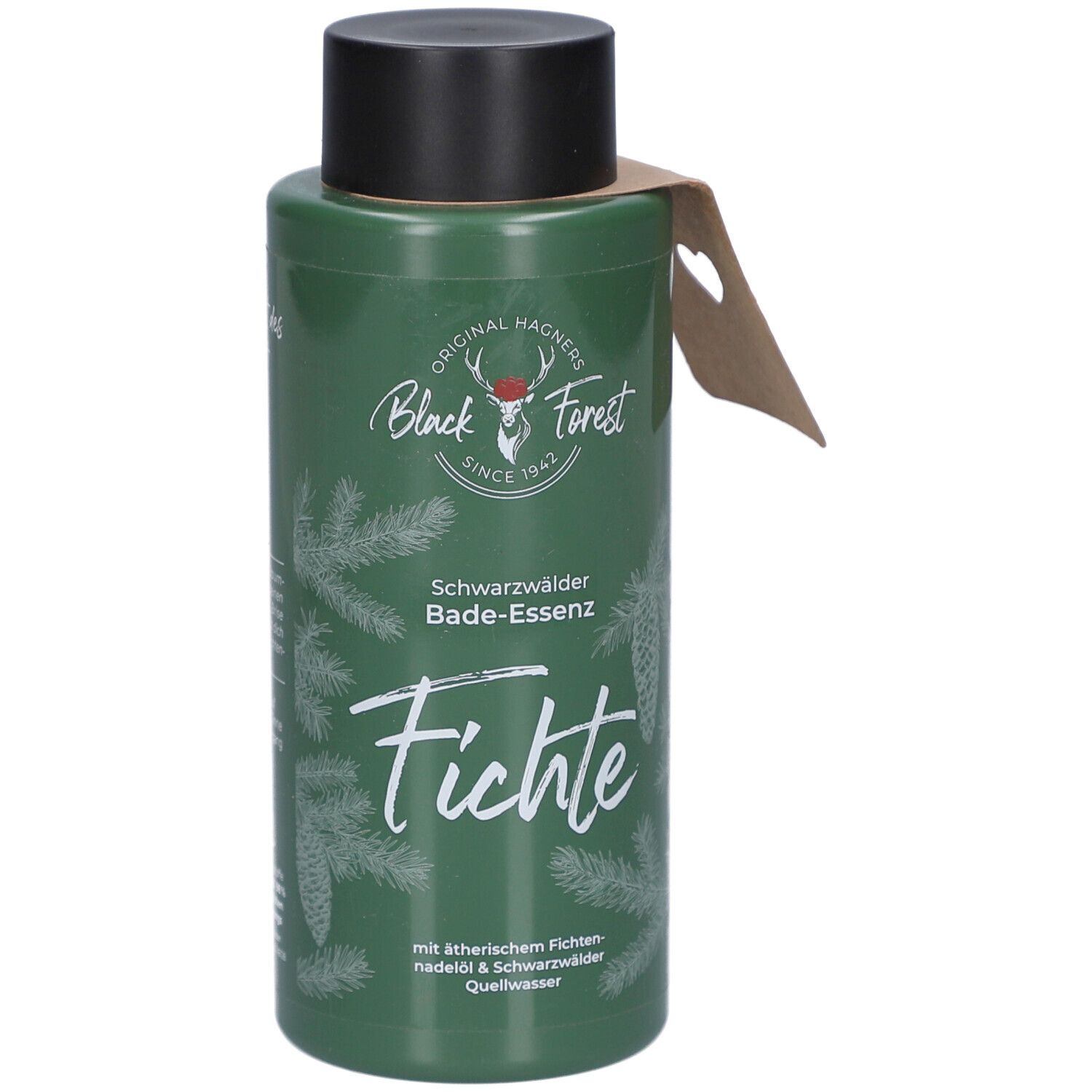 Flacon vert avec bouchon noir et étiquette. Inscription: Original Hagners Black Forest, Fichte, Bade-Essenz. Branches de pin et cônes.