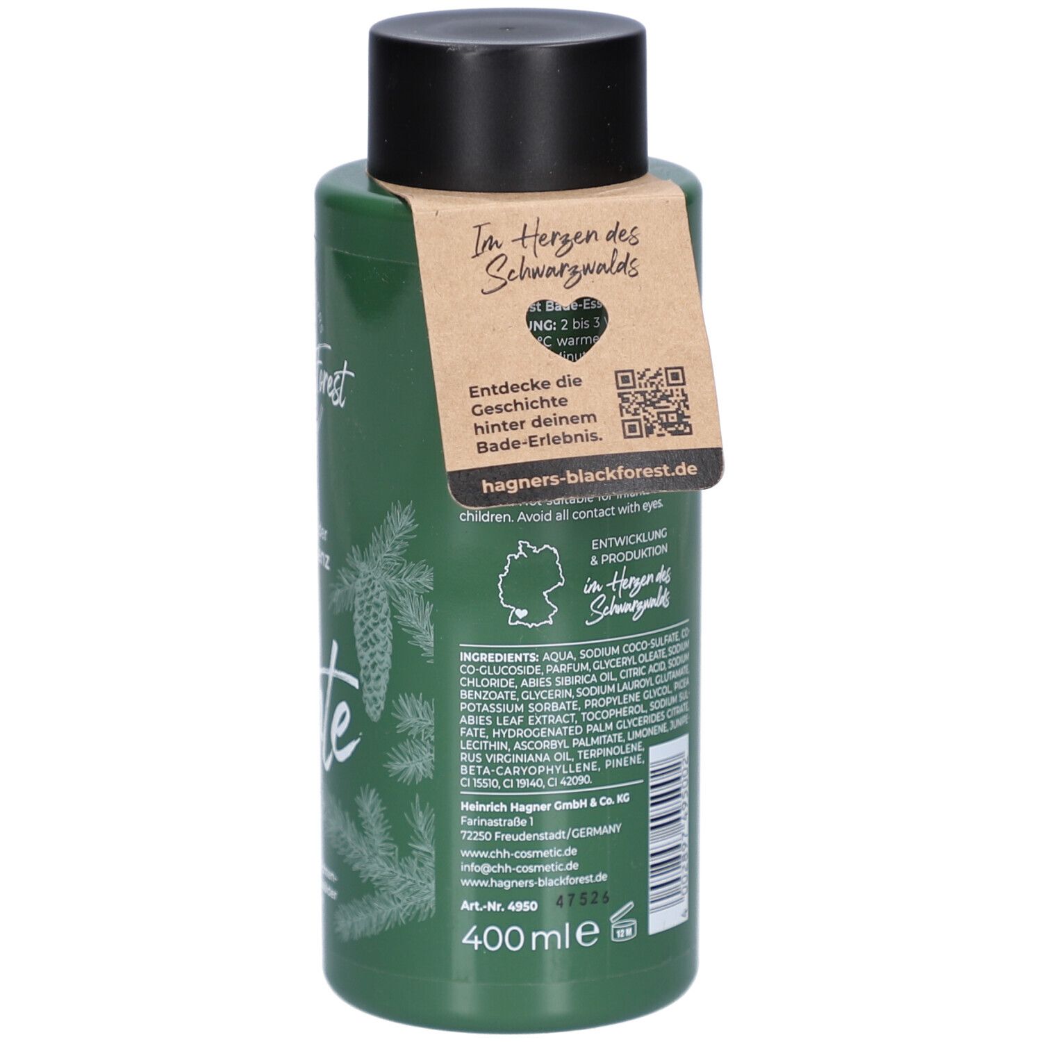 Flacon vert avec bouchon noir et étiquette. Inscription: Im Herzen des Schwarzwaldes. Ingrédients et 400ml. Code QR.