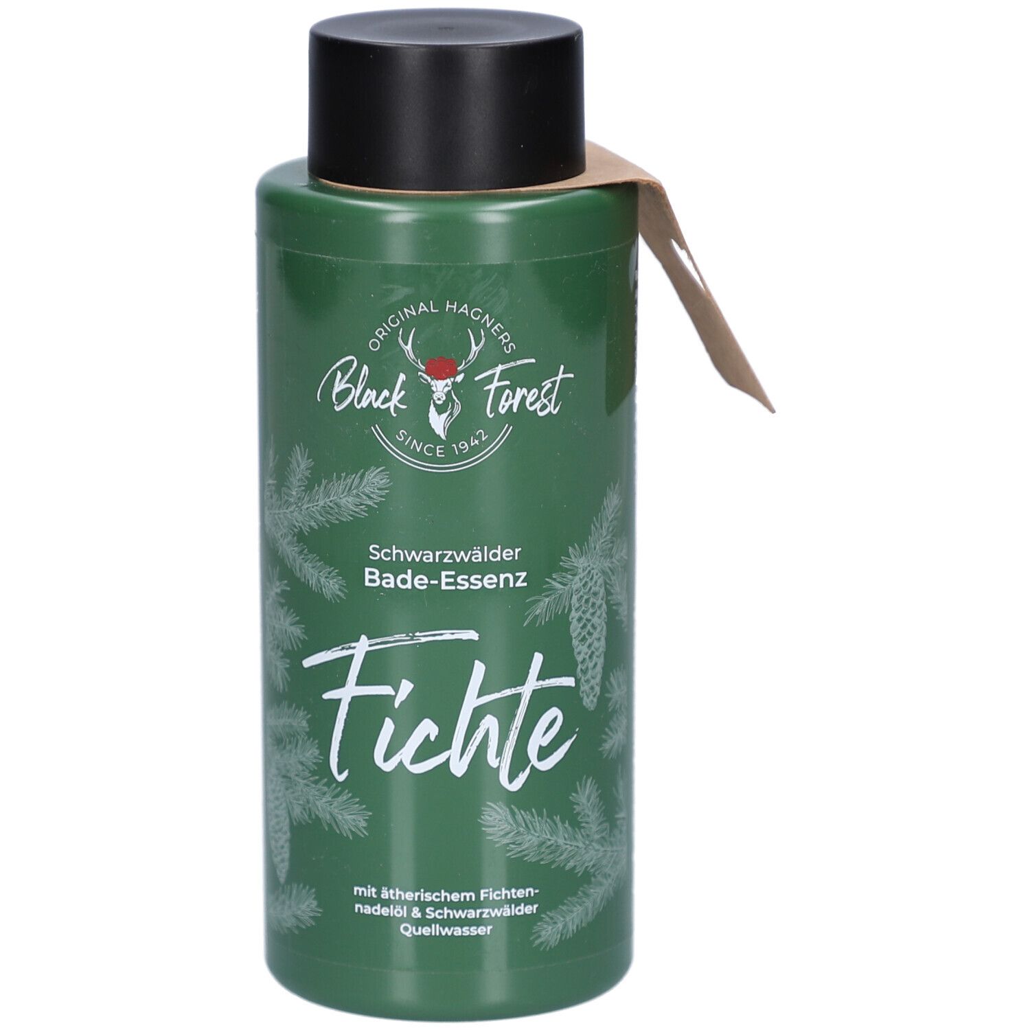 Flacon vert avec bouchon noir et étiquette. Inscription: Original Hagners Black Forest, Fichte, Bade-Essenz. Branches de pin et cônes.