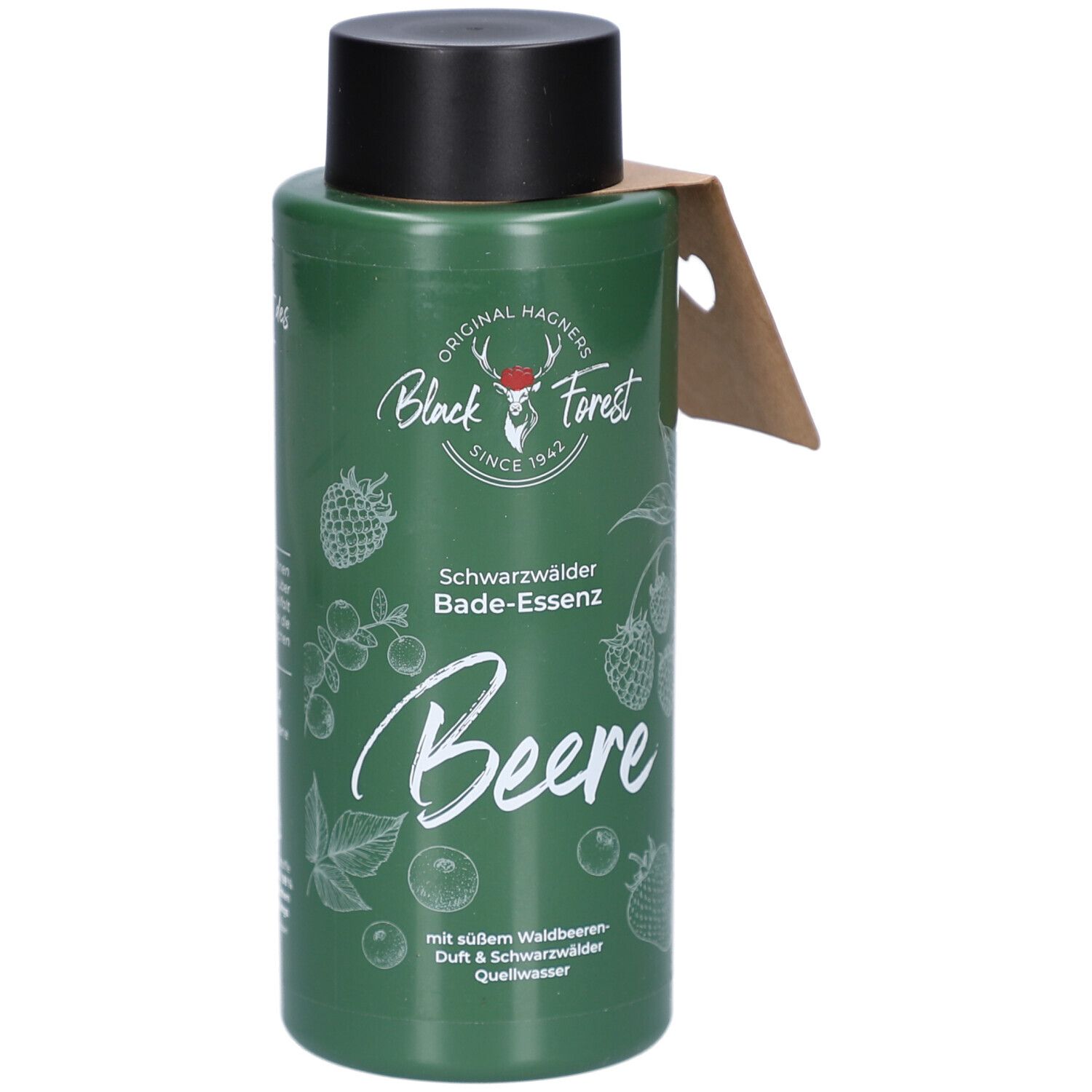Flacon vert avec bouchon noir et étiquette. Inscription: Black Forest, Bade-Essenz Beere. Illustrations de baies.