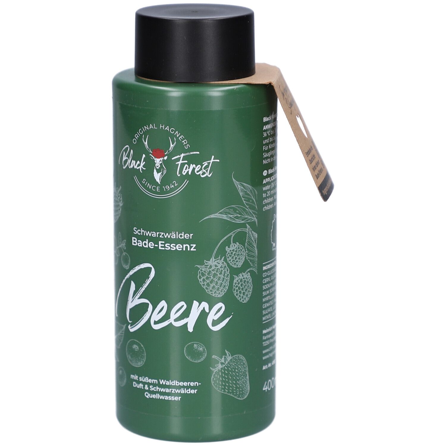 Flacon vert avec bouchon noir et étiquette. Inscription: Black Forest, Bade-Essenz Beere. Volume: 400 ml.
