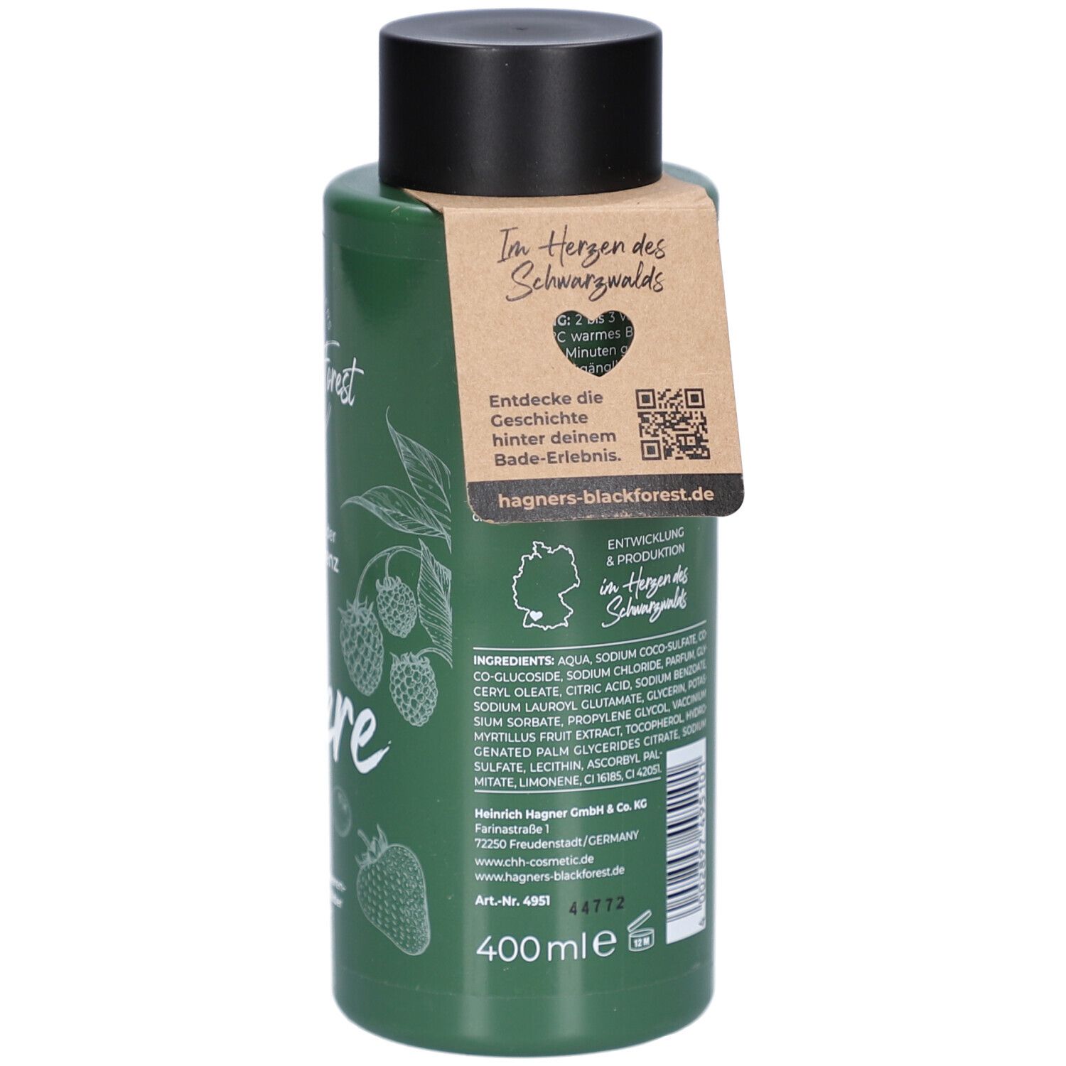 Flacon vert avec bouchon noir et étiquette. Inscription: Im Herzen des Schwarzwalds. Ingrédients et volume: 400 ml.