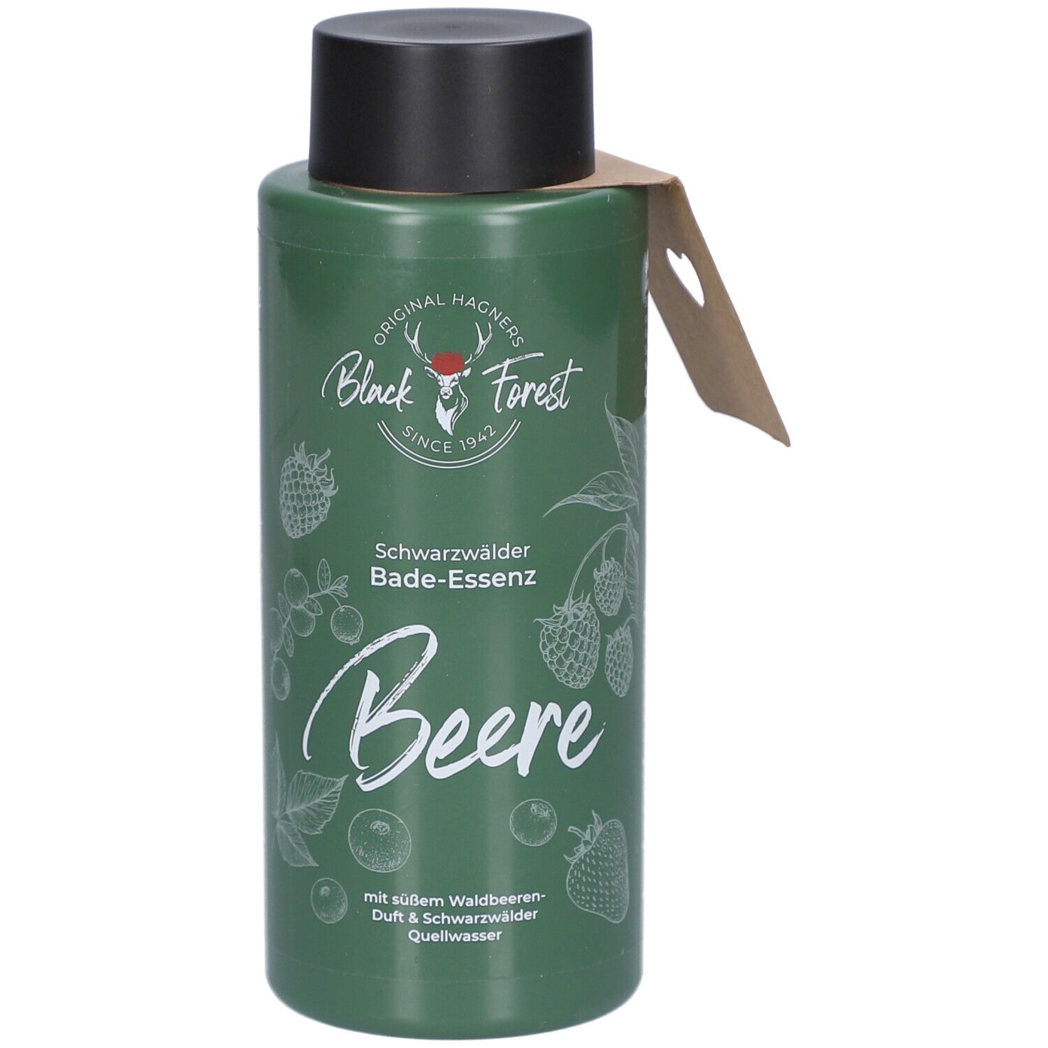 Flacon vert avec bouchon noir et étiquette. Inscription: Black Forest, Bade-Essenz Beere. Illustrations de baies.