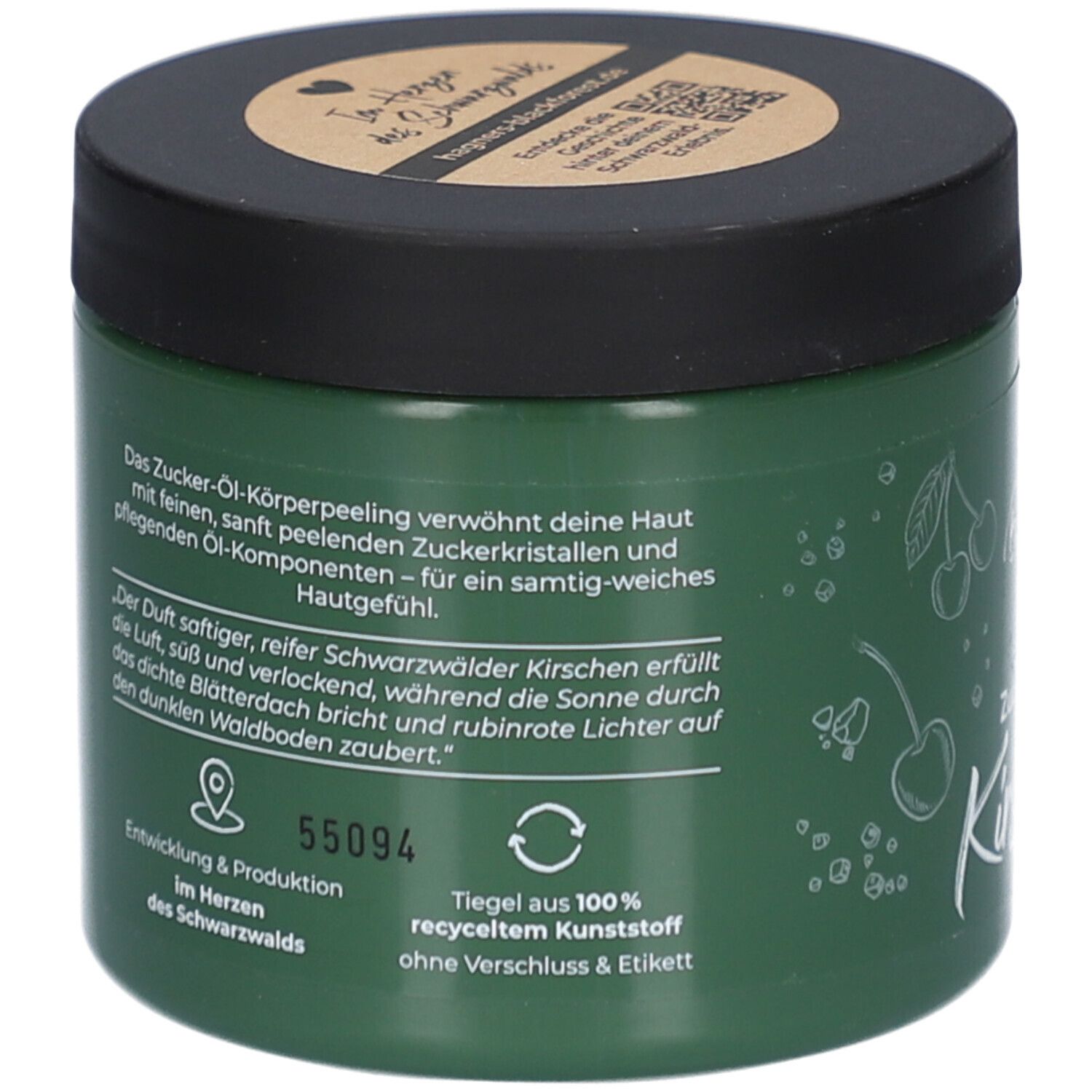 Pot vert avec texte. Texte: Zucker-Öl-Körperpeeling, cerises, 55094, pot en plastique 100% recyclé.