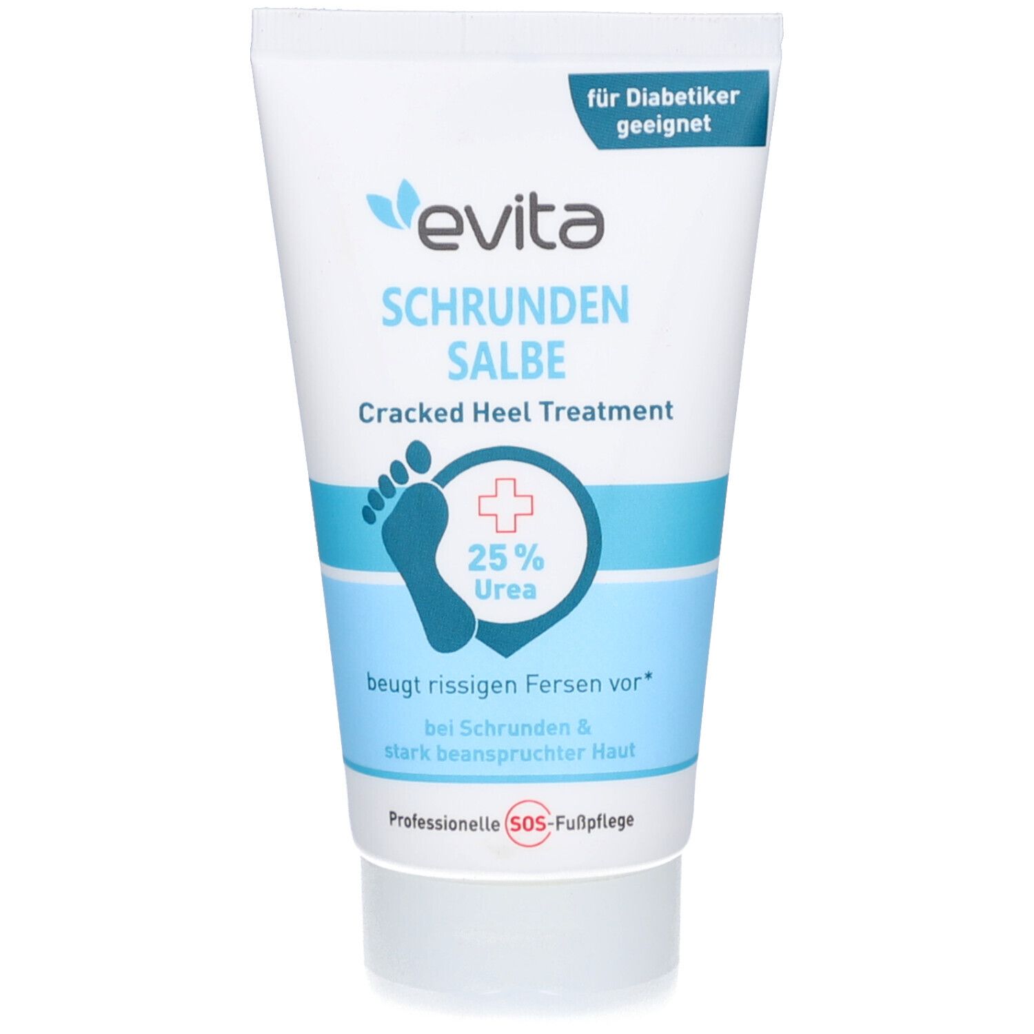 Tube blanche avec logo et texte bleus. Contient 25% d'urée. Inscription: Schrundensalbe. Convient aux diabétiques.
