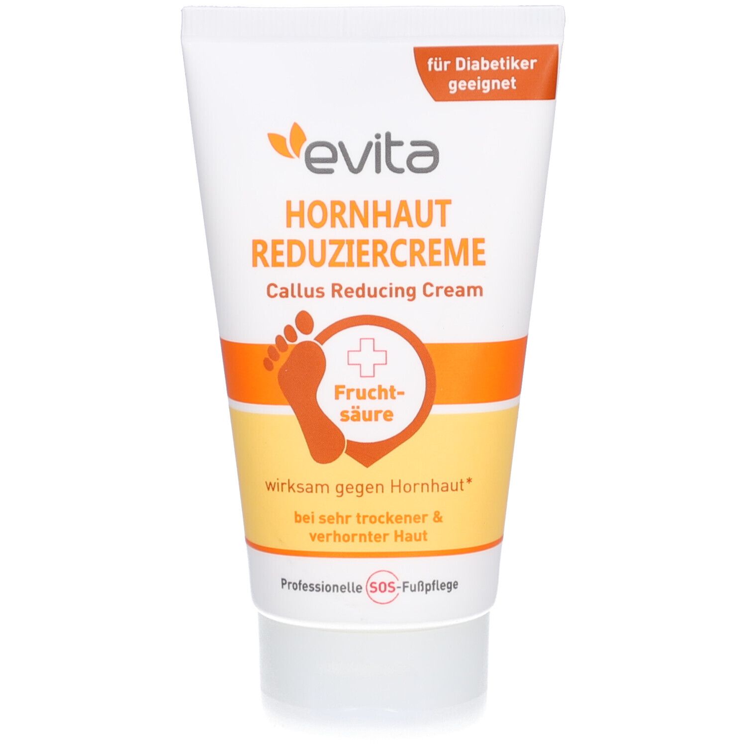 Tube blanche avec accents orange. Inscription: evita HORNHAUT REDUZIERCREME. Contient de l'acide de fruit. Convient aux diabétiques.