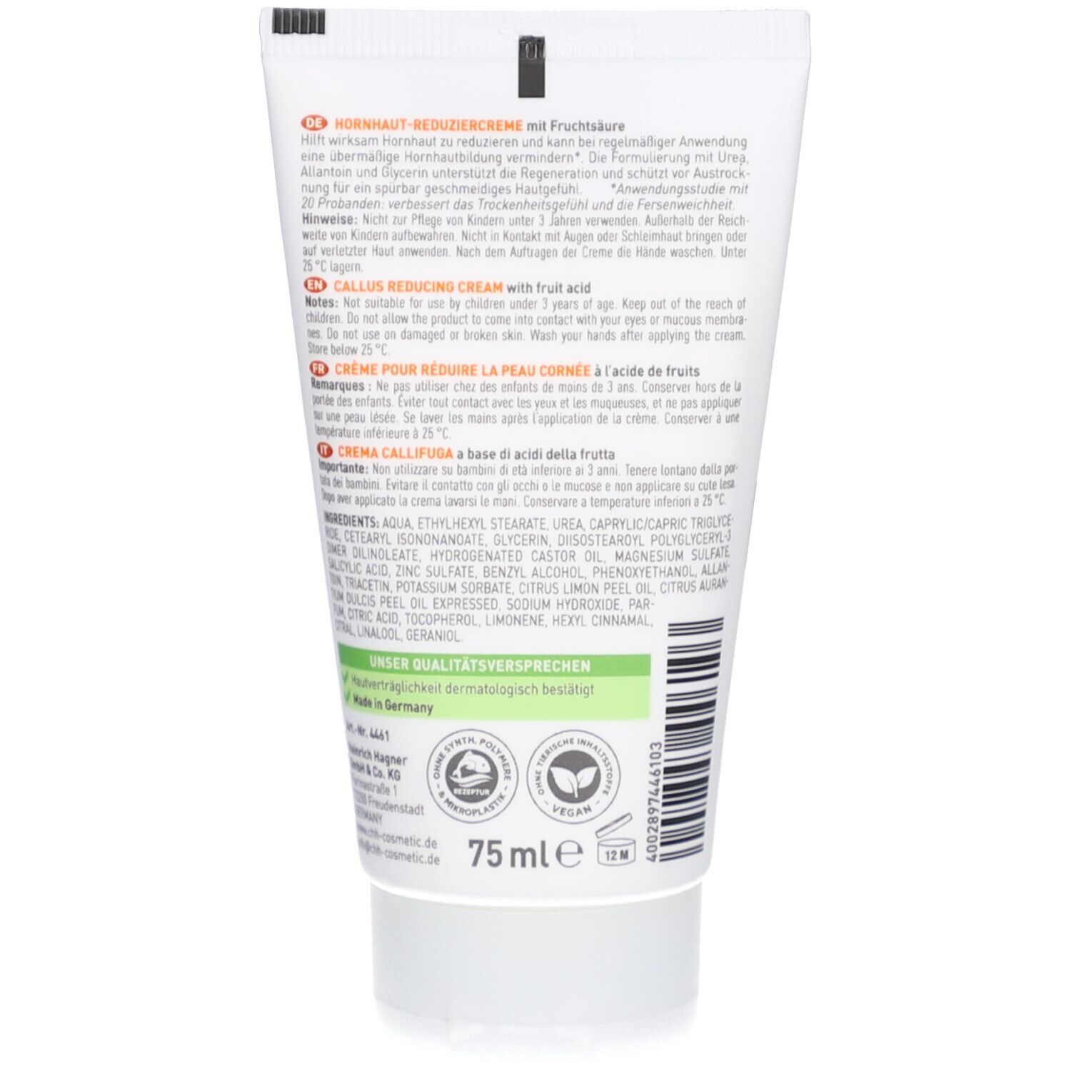 Dos du tube. Texte multilingue. Contient 75 ml. Avec certifications et indication 'vegan'.