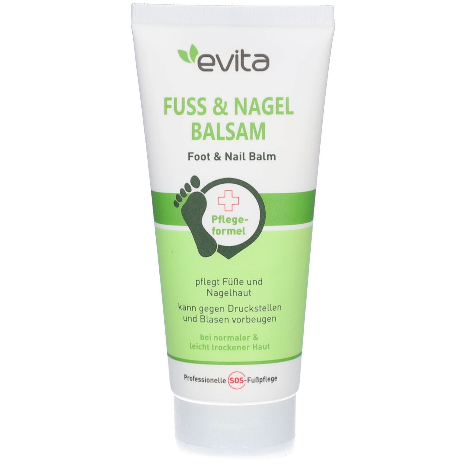 Tube blanche et verte avec nom et logo du produit. Texte: Fuss & Nagelbalsam, Foot & Nail Balm. Pflegeformel. Symbole de pied. SOS-Soins des pieds professionnels.