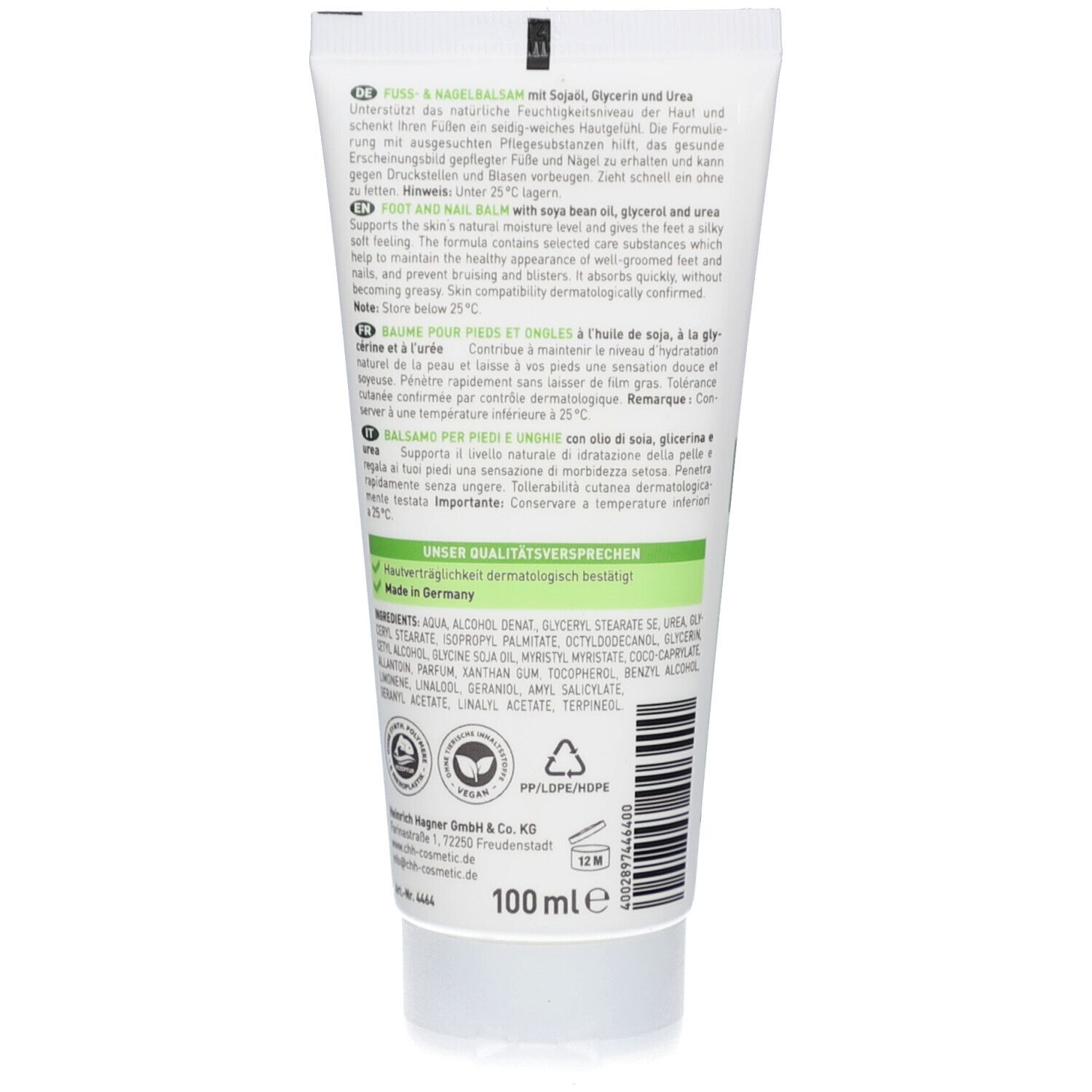 Dos du tube. Texte: Fuss & Nagelbalsam. Ingrédients. 100 ml. Testé dermatologiquement. Logo. Fabriqué en Allemagne. Symbole de recyclage.