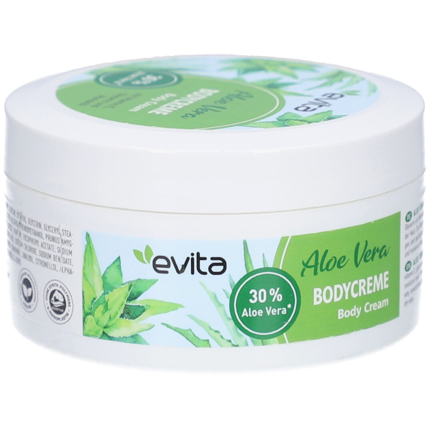 Pot blanc avec couvercle vert. Autocollant avec motif Aloe Vera et texte BODYCREME Aloe Vera 30% evita.