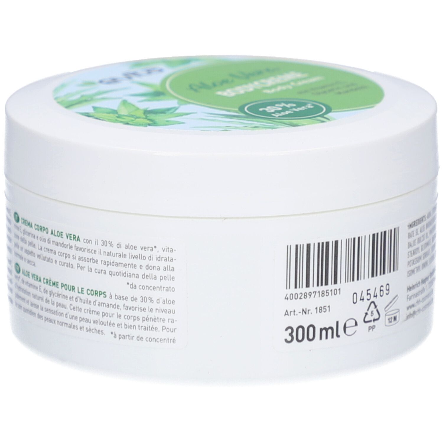 Dos du pot blanc. Autocollant avec description du produit, code-barres et indication de volume 300ml.
